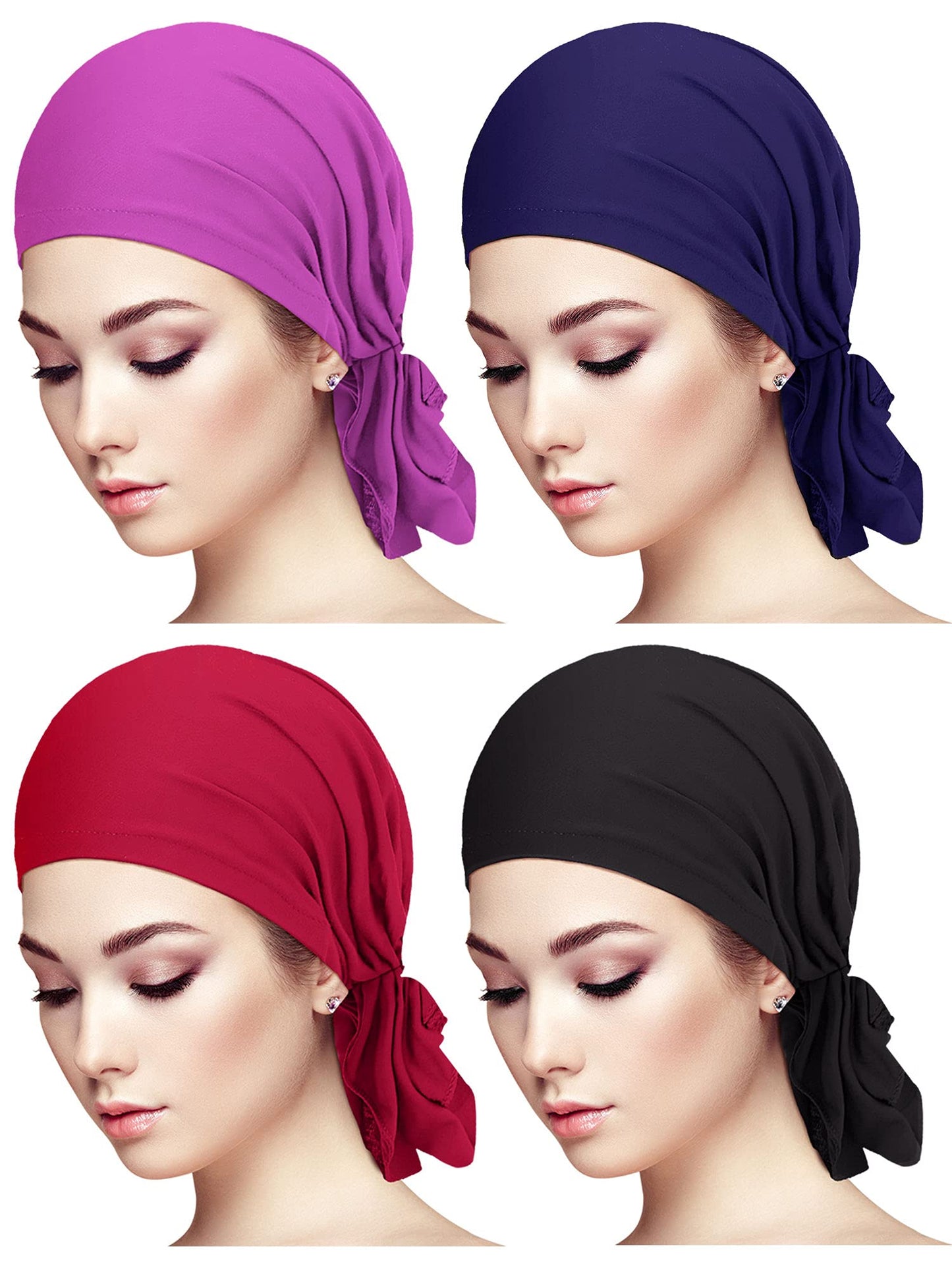 4 Pieces Slip-On Pre-Tied Head Scarves Women Headwear Turban Beanie Caps Head Wrap Headscarf for Women