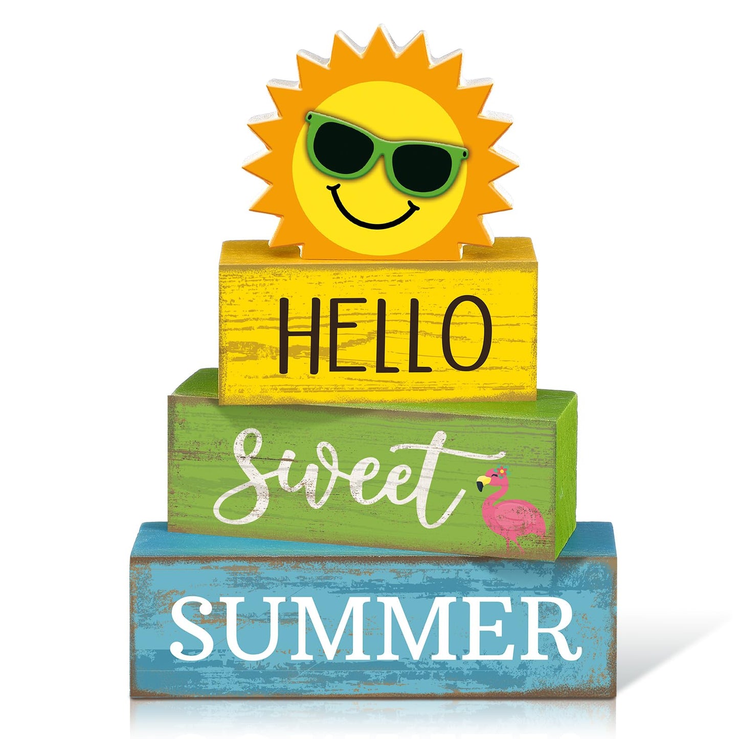 Yuntau 4 Pcs Summer Wooden Tabletop Decor Hello Sweet Summer Tiered Tray Decor Sunshine Centerpiece Rustic Summertime Decorative Block Signs Gift Farmhouse Table Decoration for Home Kitchen