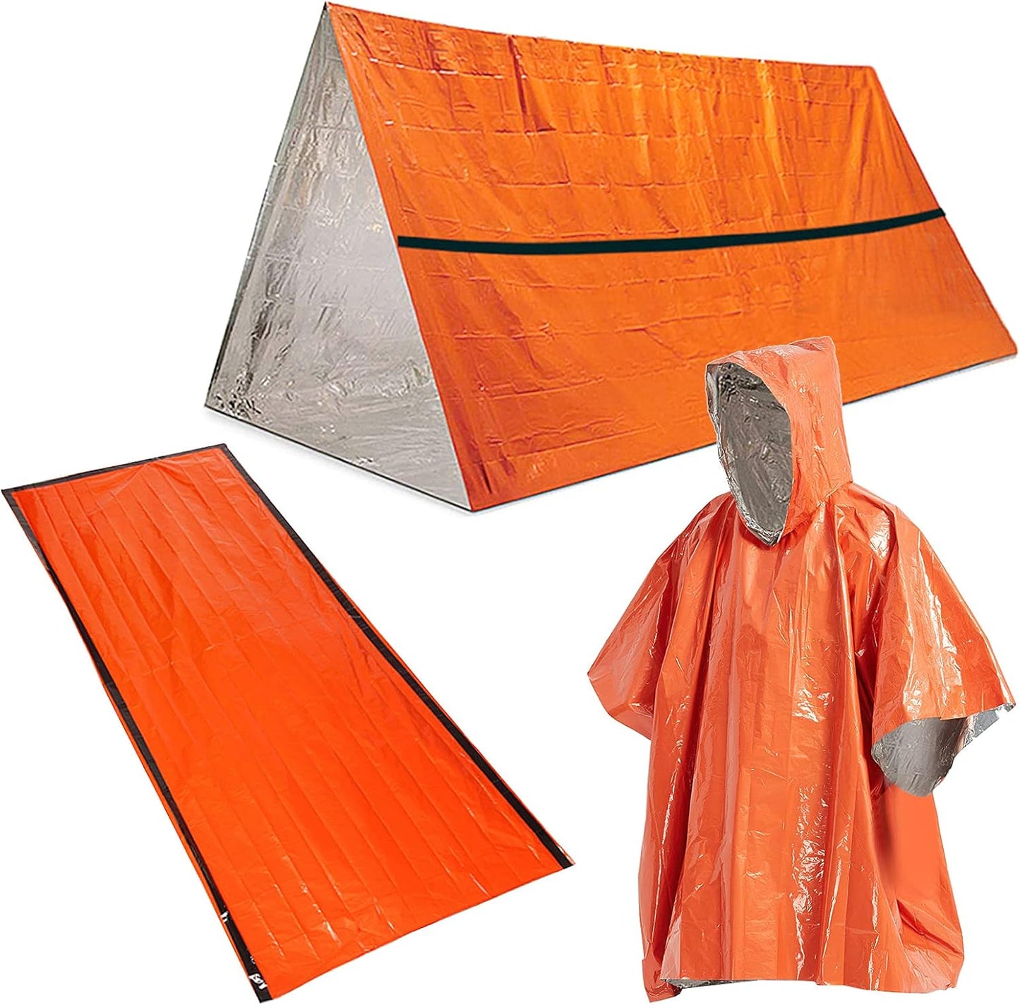 HXBER Outdoor Emergency Survival Gear Waterproof Heat Reflective Thermal Poncho Raincoat with Sleeping Bag and Tent Shelter for Camping Hiking Adventure