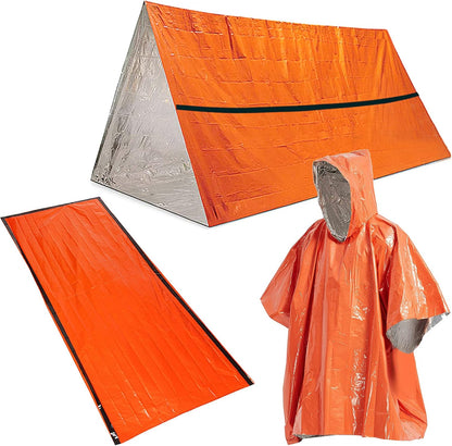HXBER Outdoor Emergency Survival Gear Waterproof Heat Reflective Thermal Poncho Raincoat with Sleeping Bag and Tent Shelter for Camping Hiking Adventure