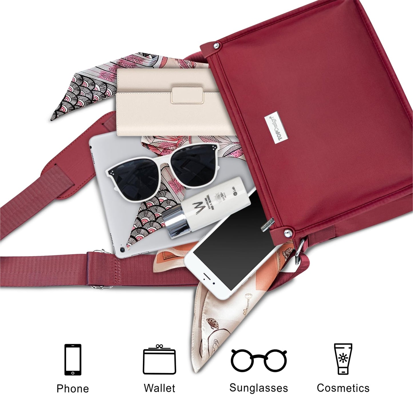 TOPDesign Lightweight Women Crossbody Bag, Shoulder Purse with Multiple Pockets, Triple Zip Handbag with Adjustable Shoulder Strap, Red