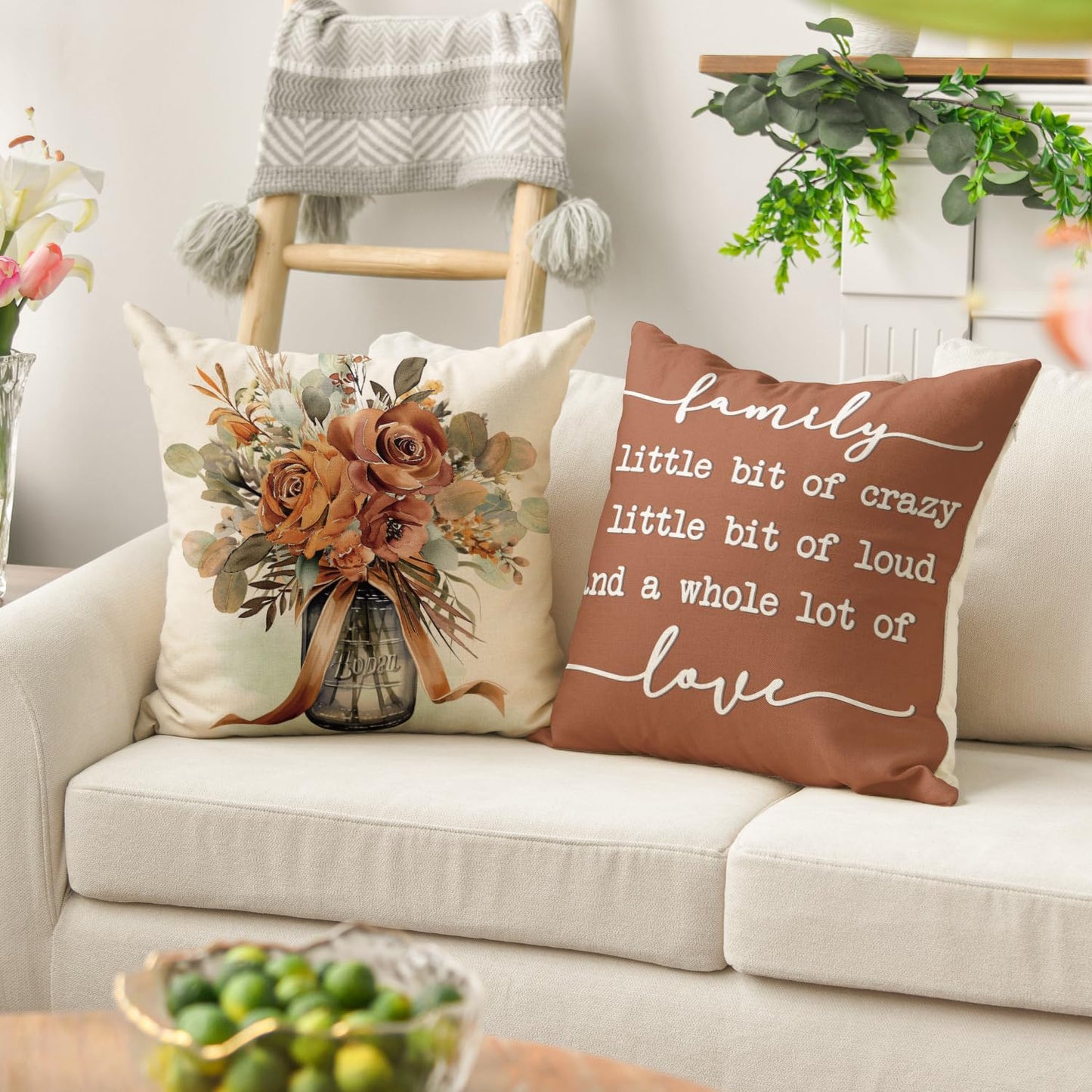 AVOIN colorlife Home Sweet Home Terracotta Sage Throw Pillow Covers, 18 x 18 Inch Seasonal Fall Eucalyptus Floral Motto Cushion Case for Sofa Couch Set of 4