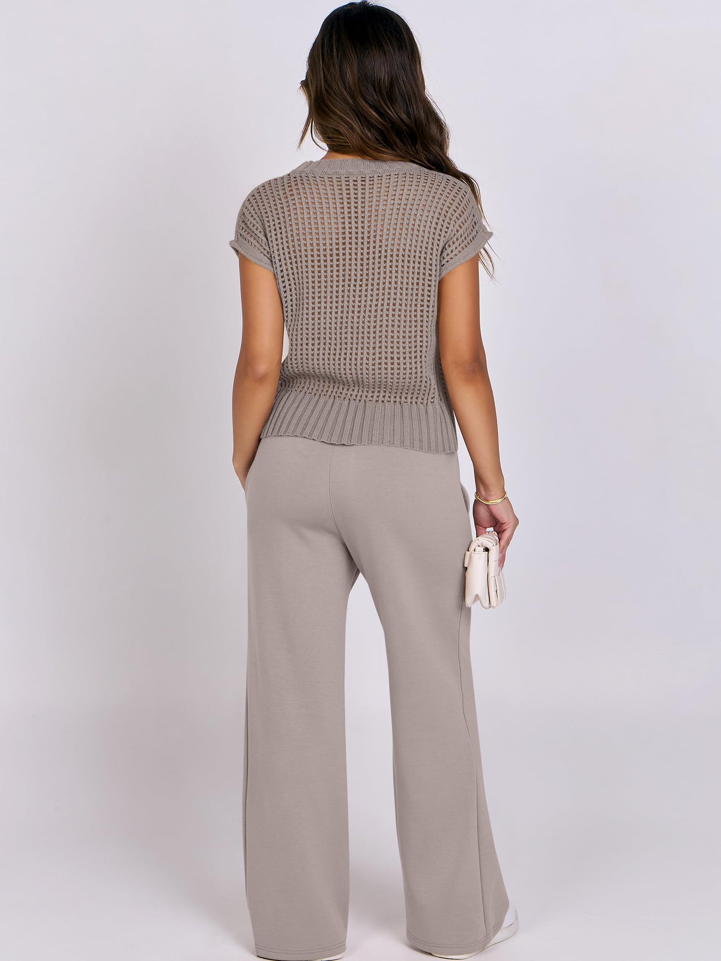 ANRABESS Women Two Piece Outfits Crochet Sheer Knit Sweater Top Wide Leg Pants Lounge Matching Sets Sweatsuit Travel Clothes light khaki X-Large