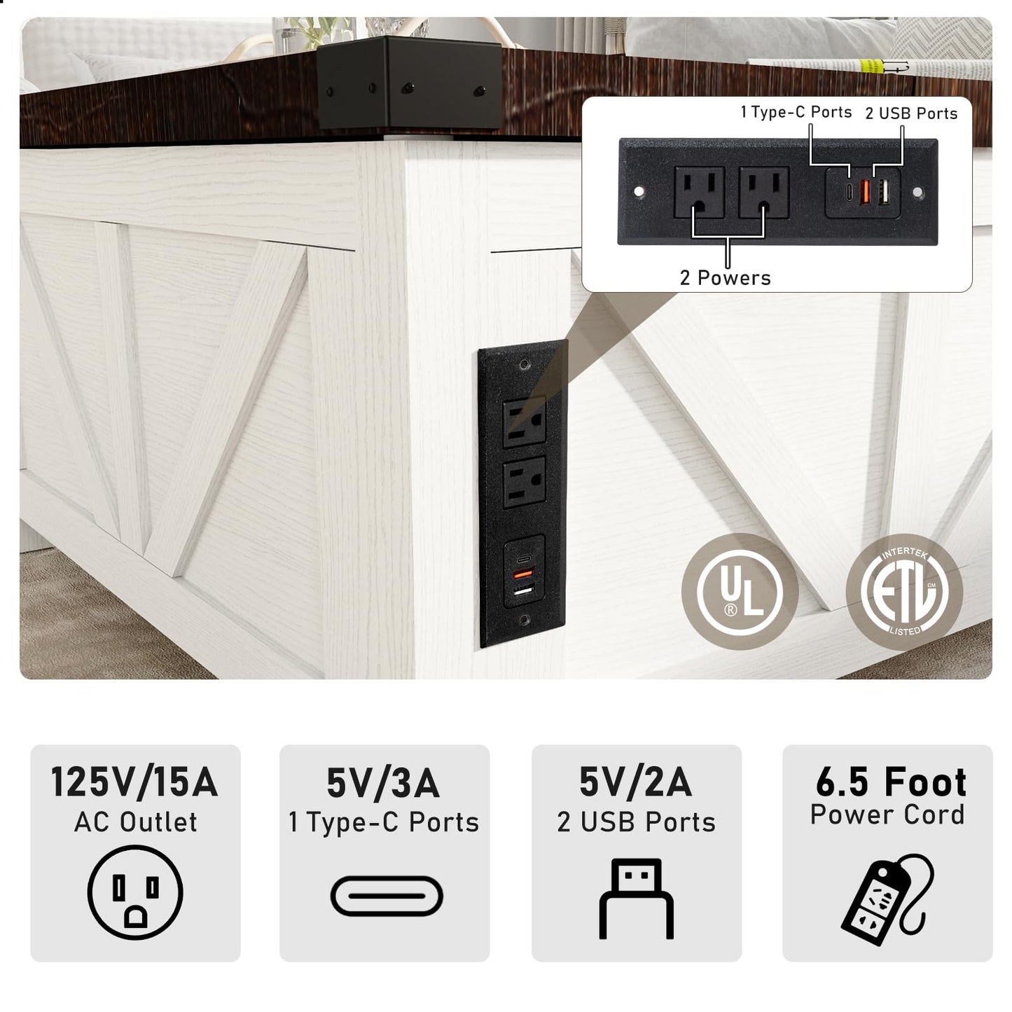 jimeimen Farmhouse Lift Top Coffee Table with Storage, Wood Square Center Table with Charging Station&USB Port, Living Room Table w/Large Hidden Space, for Living Room, Bedroom, Home Office, White