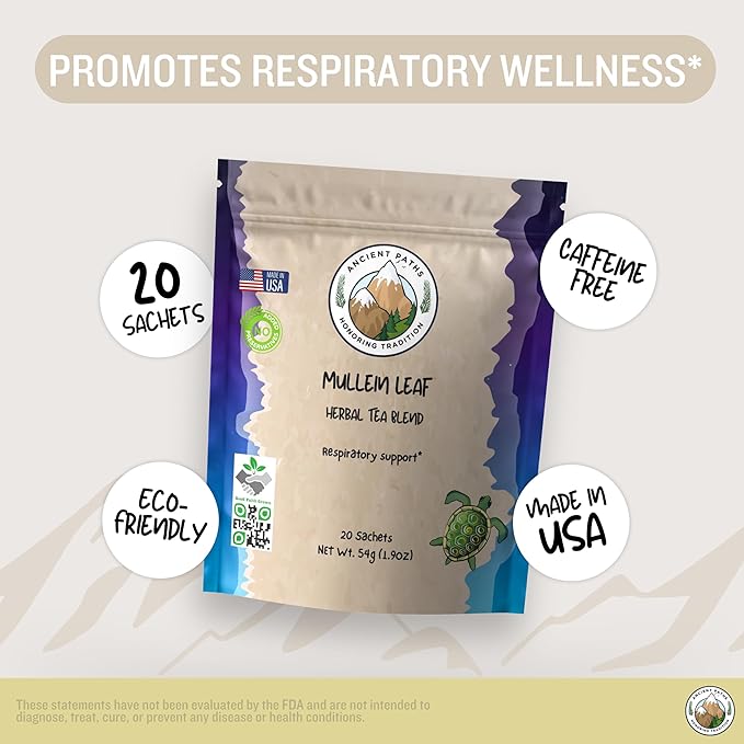 Ancient Paths Mullein Herbal Tea Blend - Respiratory Support & Immunity - Mullein Tea Leaf, Licorice, Peppermint, Elecampane - Caffeine-Free, Sustainable Tea Bags & Good Faith Grown (20 Sachets)