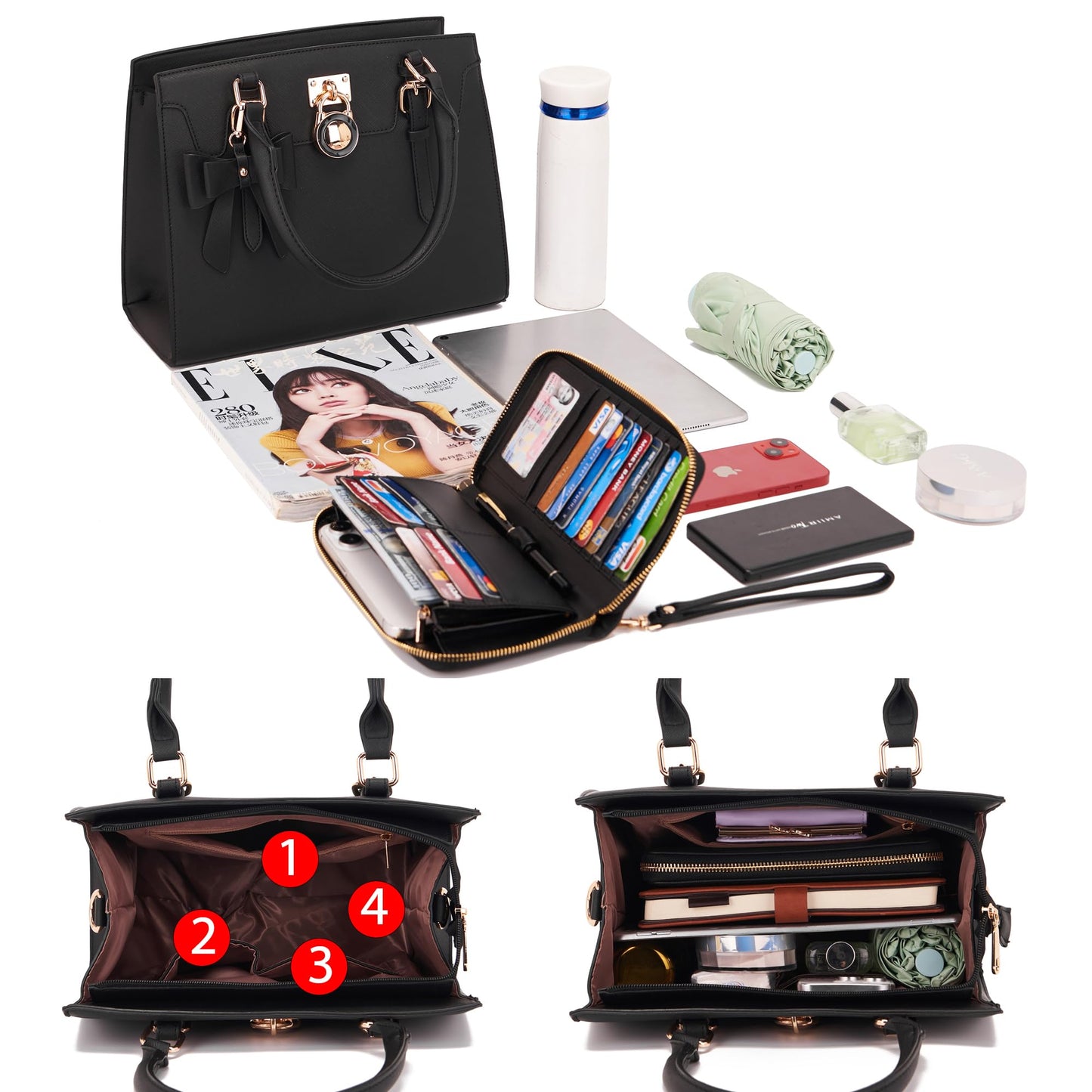 Qiyuer Women Purses And Handbags Set Ladies Top Handle Satchel Tote Shoulder Work Bag With Matching Clutch Wallet 2PCS Black