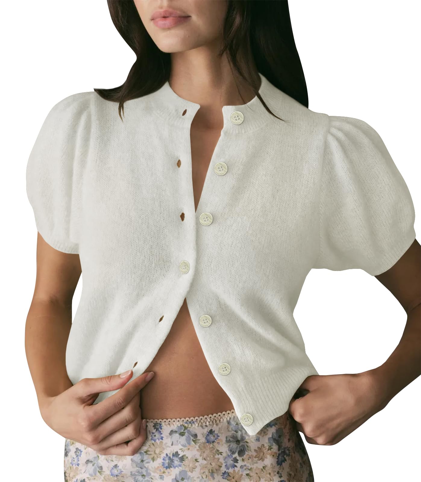 Short Sleeve Cardigan Sweater for Women Cropped Summer Lightweight Button Down y2k Knit Crop Cardigans White M