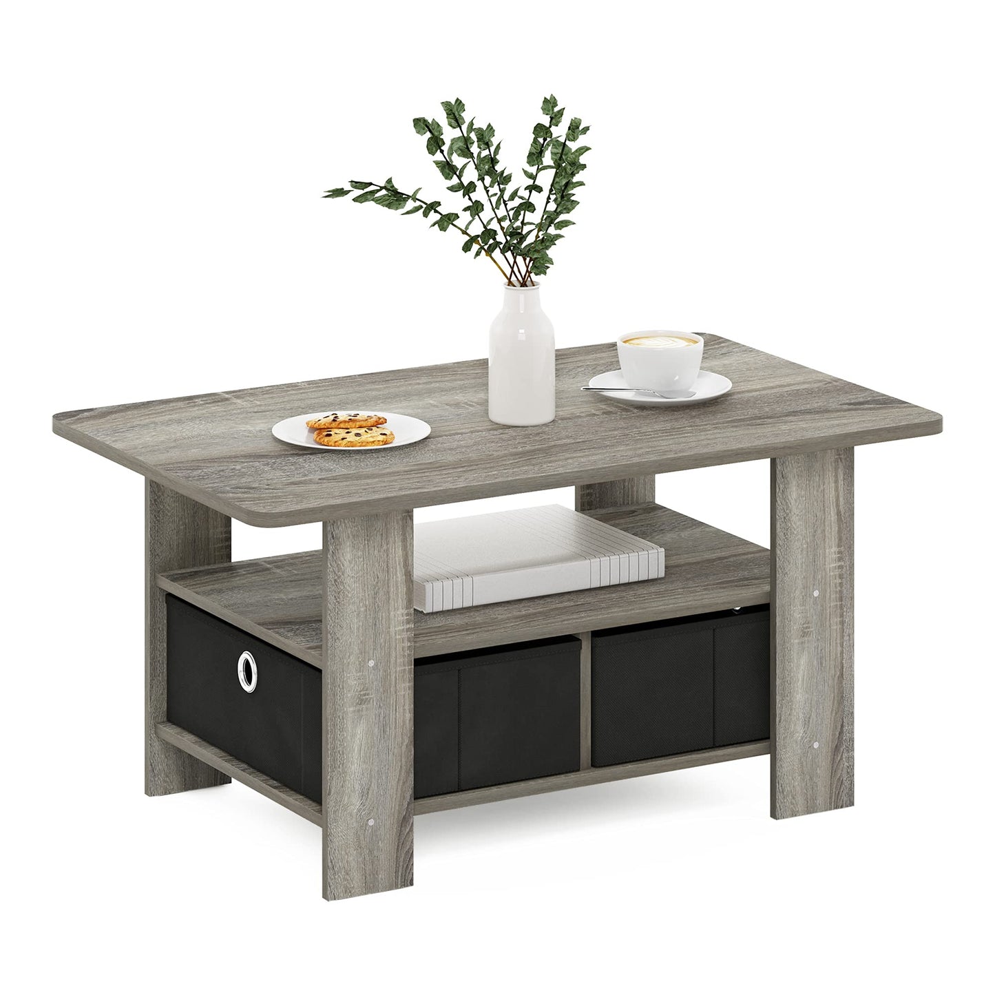 Furinno Andrey Coffee Table with Bin Drawer, French Oak Grey/Black