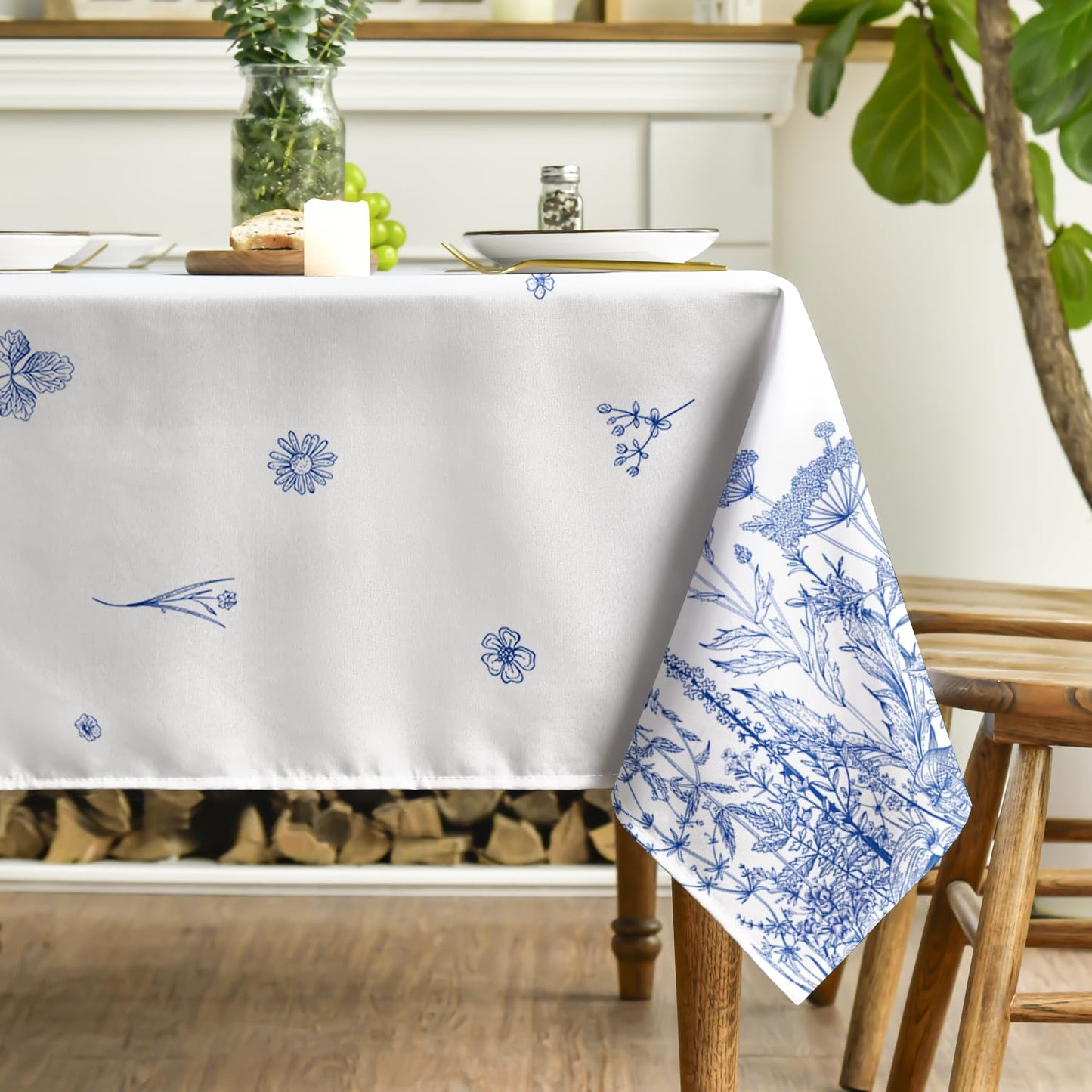 Horaldaily Spring Summer Tablecloth 60×84 Inch Rectangular, Wild Flowers Floral Blue Washable Seasonal Table Cover for Party Picnic Dinner Decor