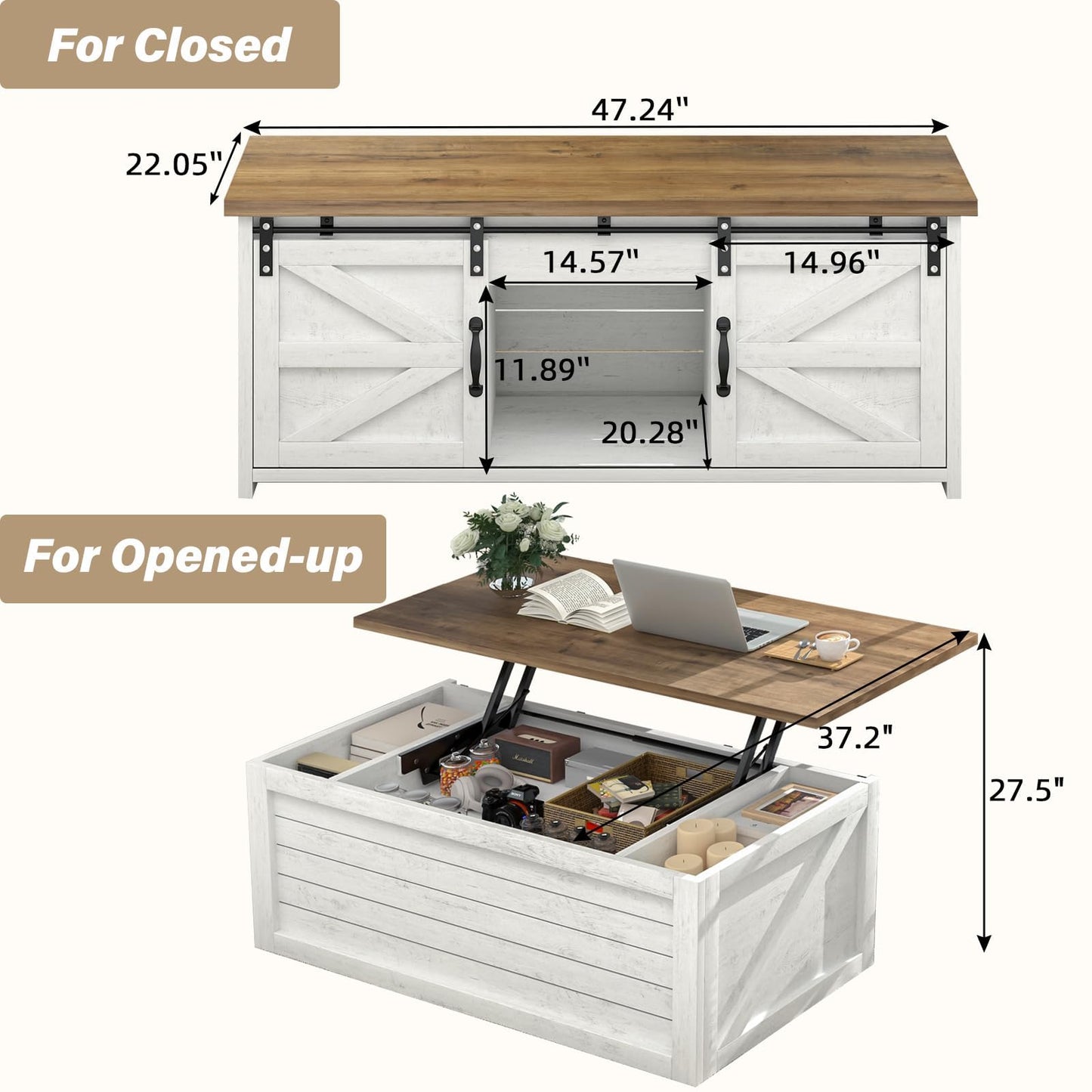 REVOMINCA Farmhouse Coffee Table Lift Top with Storage for Living Room, White Coffee Table with Large Hidden Storage Compartment, 48 Inch White Center Table with Sliding Barn Doors