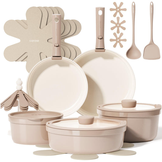 CAROTE 20pcs Ceramic Cookware Set Titanium Nonstick with Detachable Handles, Non Toxic Cookware, Pots and Pans Set Non Stick, Induction Available, Kitchen Cooking Pot and Pan, Dishwasher Safe