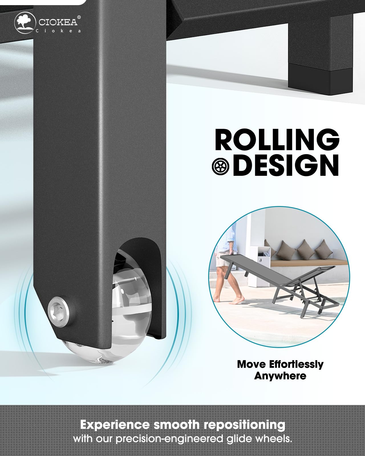 Aluminum Chaise Lounge Chair Outdoor with Wheels, Patio Lounge Chair with Adjustable 5-Position Recliner and Full Flat Tanning Chair for Patio, Beach, Pool, Grey