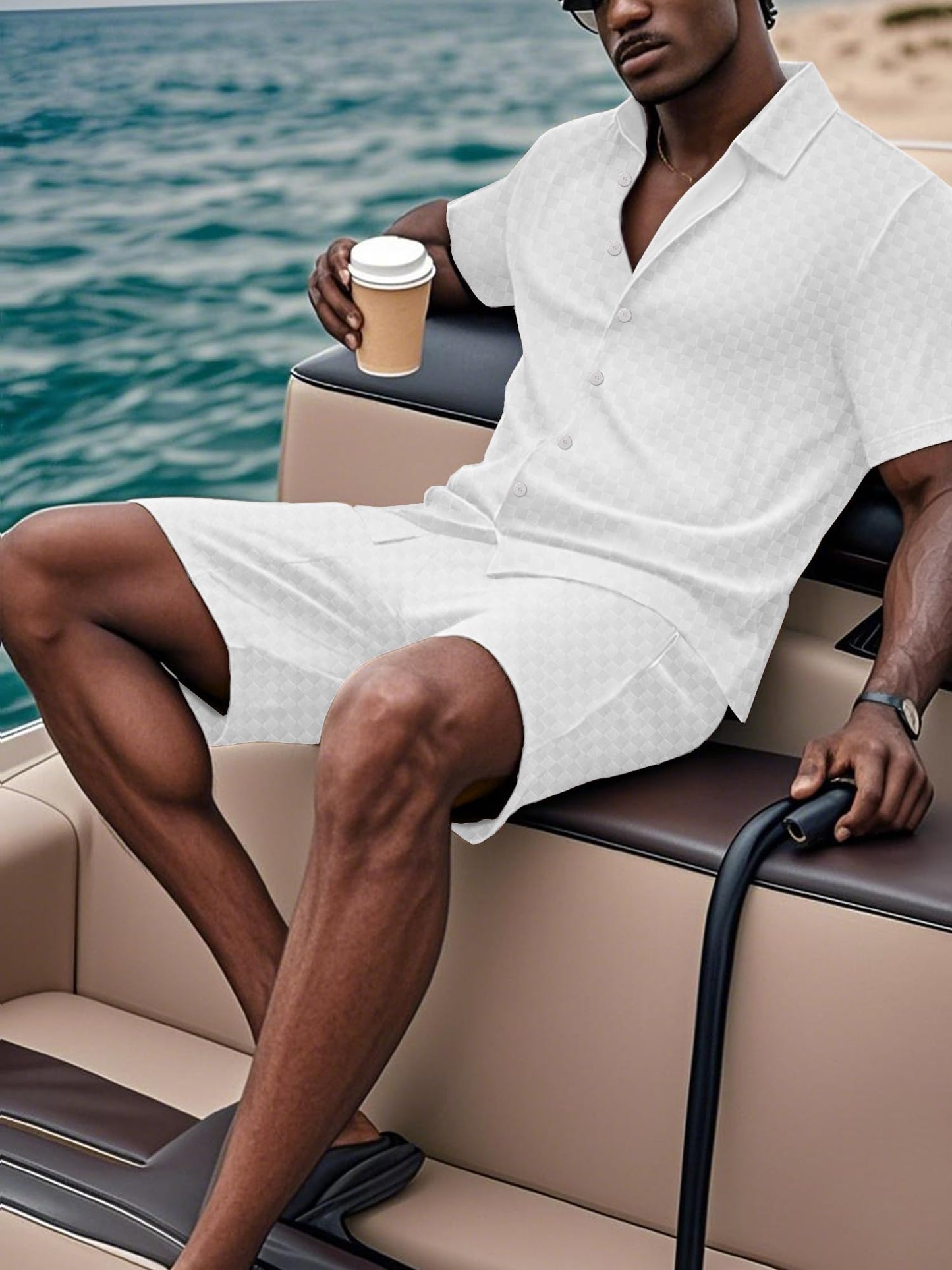 UOUA Mens Velour Tracksuit 2 Piece Outfits Short Sleeve Button Down Shirt and Short Sets Casual Sweatsuits White 3XL