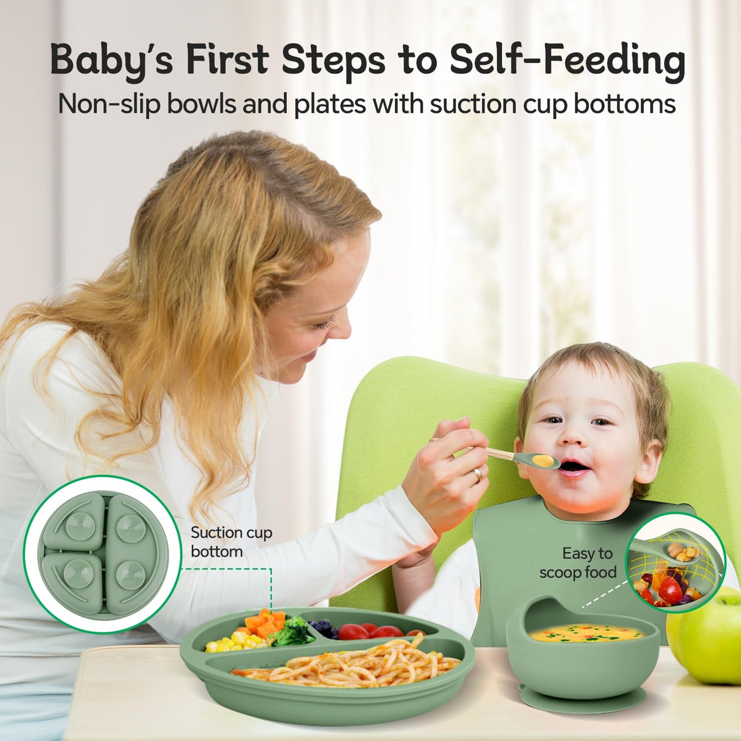 SHGMEET Silicone Baby Feeding Set, BPA Free Baby Feeding Essentials, Baby Suction Bowl, Plates, Bib, Spoons set, Baby Led Weaning Supplies to Develop Self-feeding Skills(Green, No Lid)