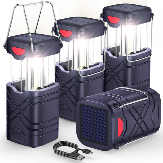 LETMY 4 Pack Camping Lantern, Rechargeable LED Lanterns, Solar Lantern Battery Powered Hurricane Lantern Flashlights with 3 Powered Ways & USB Cable for Emergency, Power Outage, Hurricane Supplies