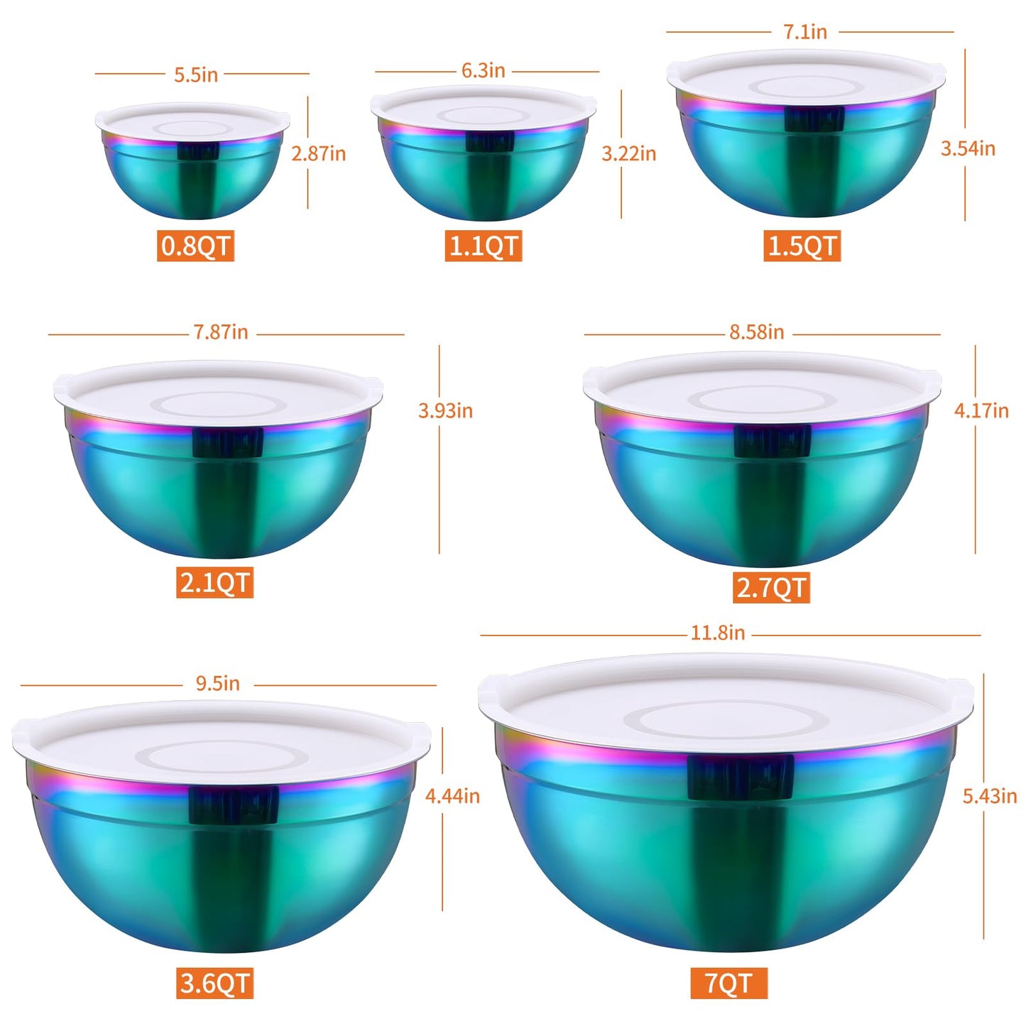 LKTDYMEG Rainbow Mixing Bowls with Lids Set of 7, Stainless Steel Nesting Bowl with Khaki Lid for Non-slip Mixing Prepping Storing Serving, 7 Sizes-7/3.6/2.7/2.1/1.5/1/0.8 QT