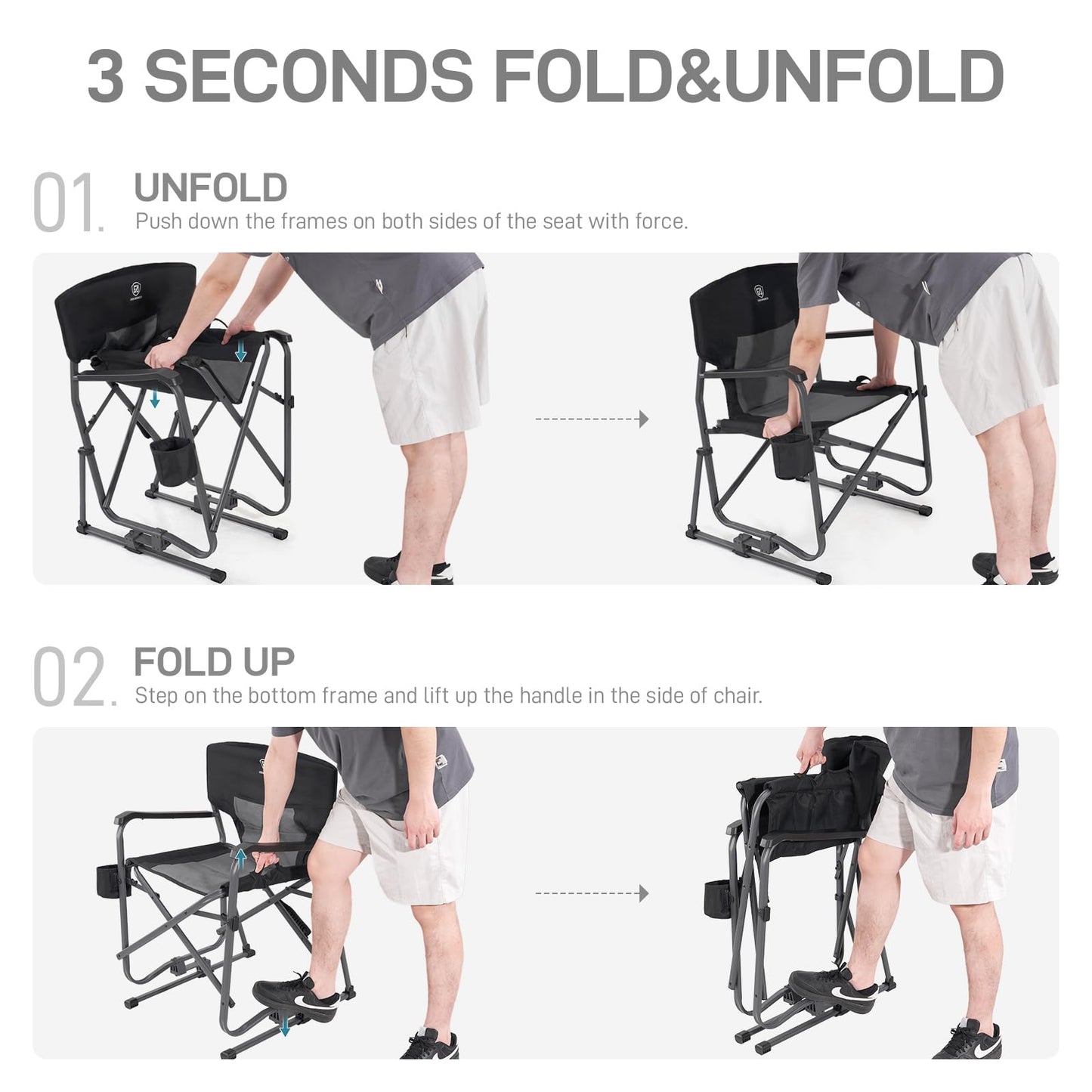 EVER ADVANCED Rocking Chair Outdoor, Quick Set Rocker Camping Chair for Adult, Foldable Rocker Chair Lightweight, Portable Folding Rocker Chair for Patio, Living Room, Balcony, Supports 300 LBS, Black