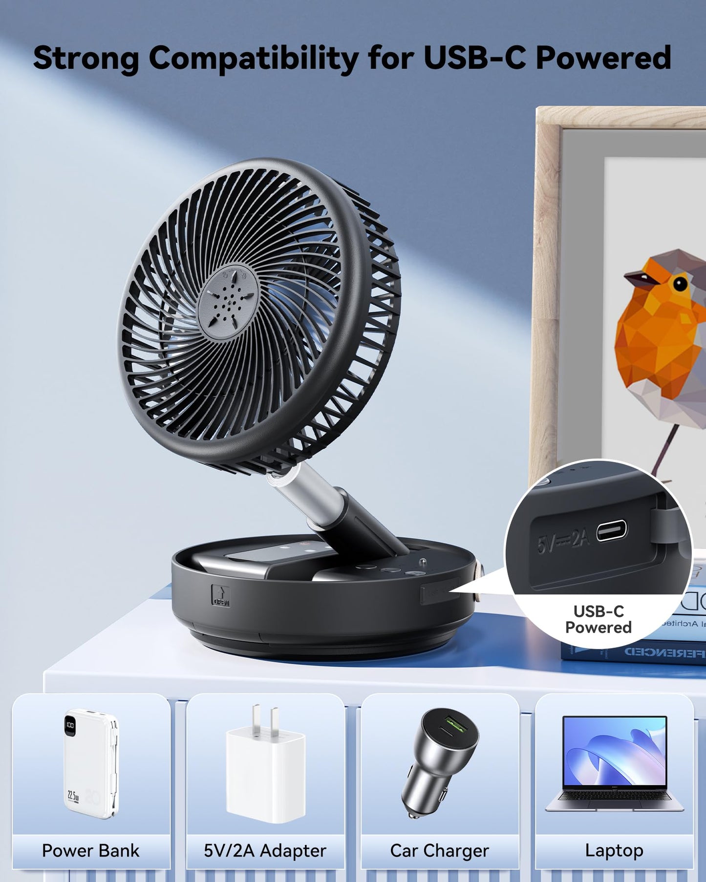 Primelove Portable Oscillating Travel Fan, 10400mAh Battery Operated Rechargeable USB Floor Table Desk Fan with Remote, 4 Speed Settings Pedestal Fan for Home Bedroom Office Camping Cruise, Black 8"