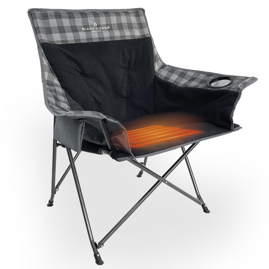 Black Sierra Heated Camping Chair with Battery – XL Fleece Foldable Seat, 3 Heat Settings, Heavy-Duty Steel Frame Supports 300 lbs – Portable, Lightweight for Camping, Sports, Patio, Events