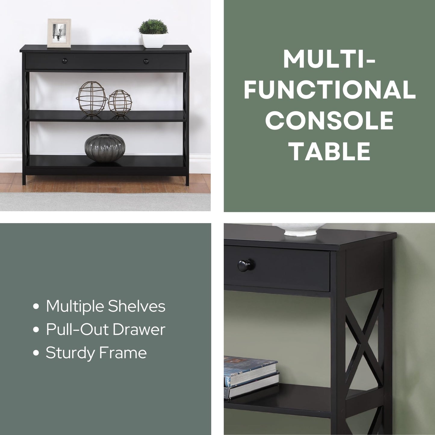 Convenience Concepts Oxford 1-Drawer Console Table 39.5" - Farmhouse Sofa Display with Storage Shelf For Living, Family, & Dining Room, Modern Entryway Hall Table for Kitchen, Bedroom, Black