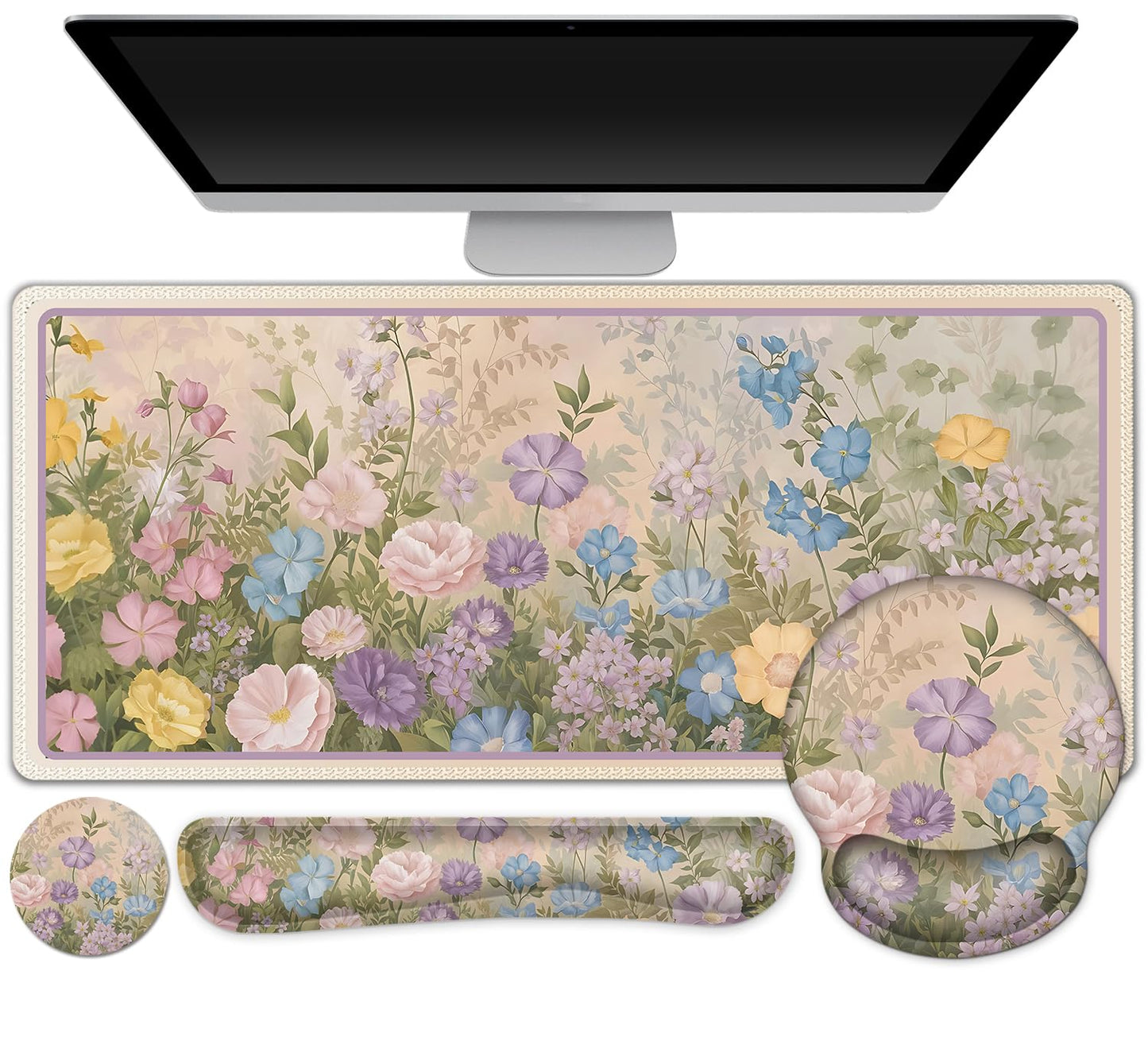 AIMSA Keyboard Mouse Pad Wrist Rest Set, Large Gaming Mouse Desk Pad with Wrist Support Ergonomic Design, 4 in 1 Mousepad for Home Office, Sunflower Starry Sky