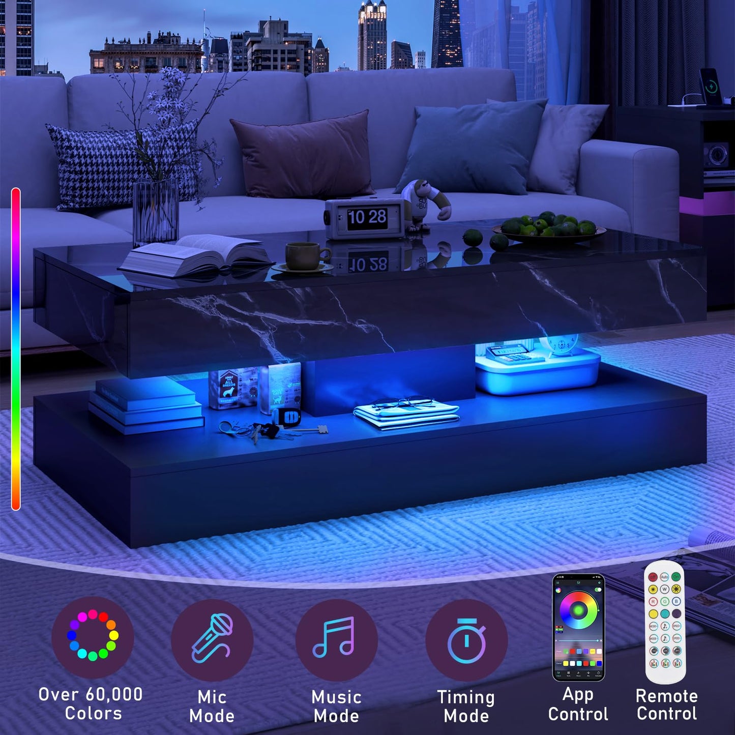 chartustriable 47inch Large High-Glossy LED Coffee Table with 2 Sliding Drawers, Living Room Storage Tables with Marbling Print, Modern Stylish Double-Layer Center Tables w/LED Lights, Black