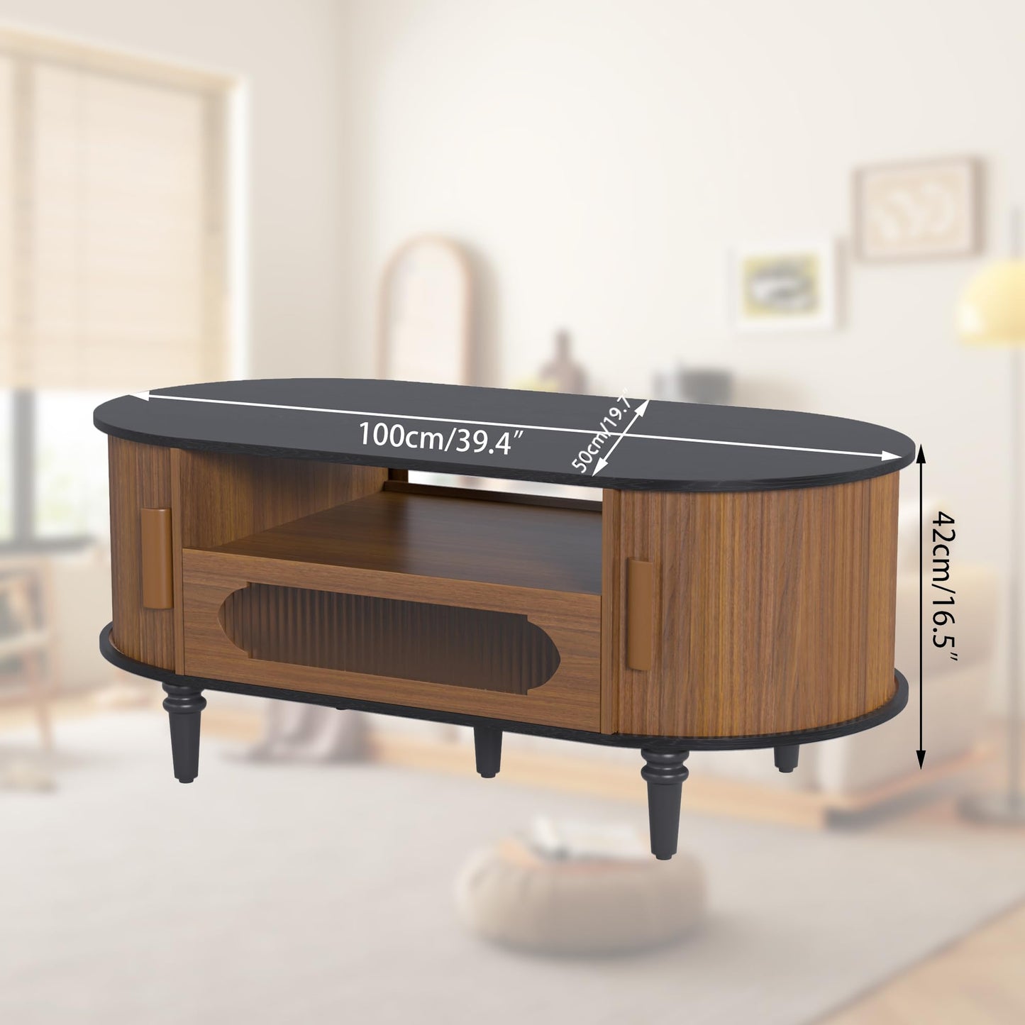 Fluted Round Coffee Table with Storage, Modern Oval Coffee Table with Drawer, Sliding Door, Low Small Center Tables for Living Room, Wooden Boho, Mid Century, Unique, Black and Walnut