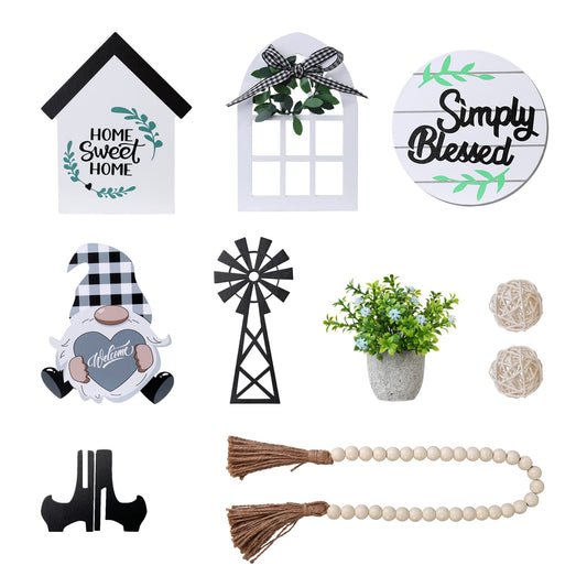 Eufrozy 11pcs Farmhouse Tiered Tray Decor Set, Rustic Tier Tray Decorations with Black and White Buffalo Plaid Gnome Ornaments Wooden Home Sweet Home Sign for Kitchen Table Decor Summer Housewarming