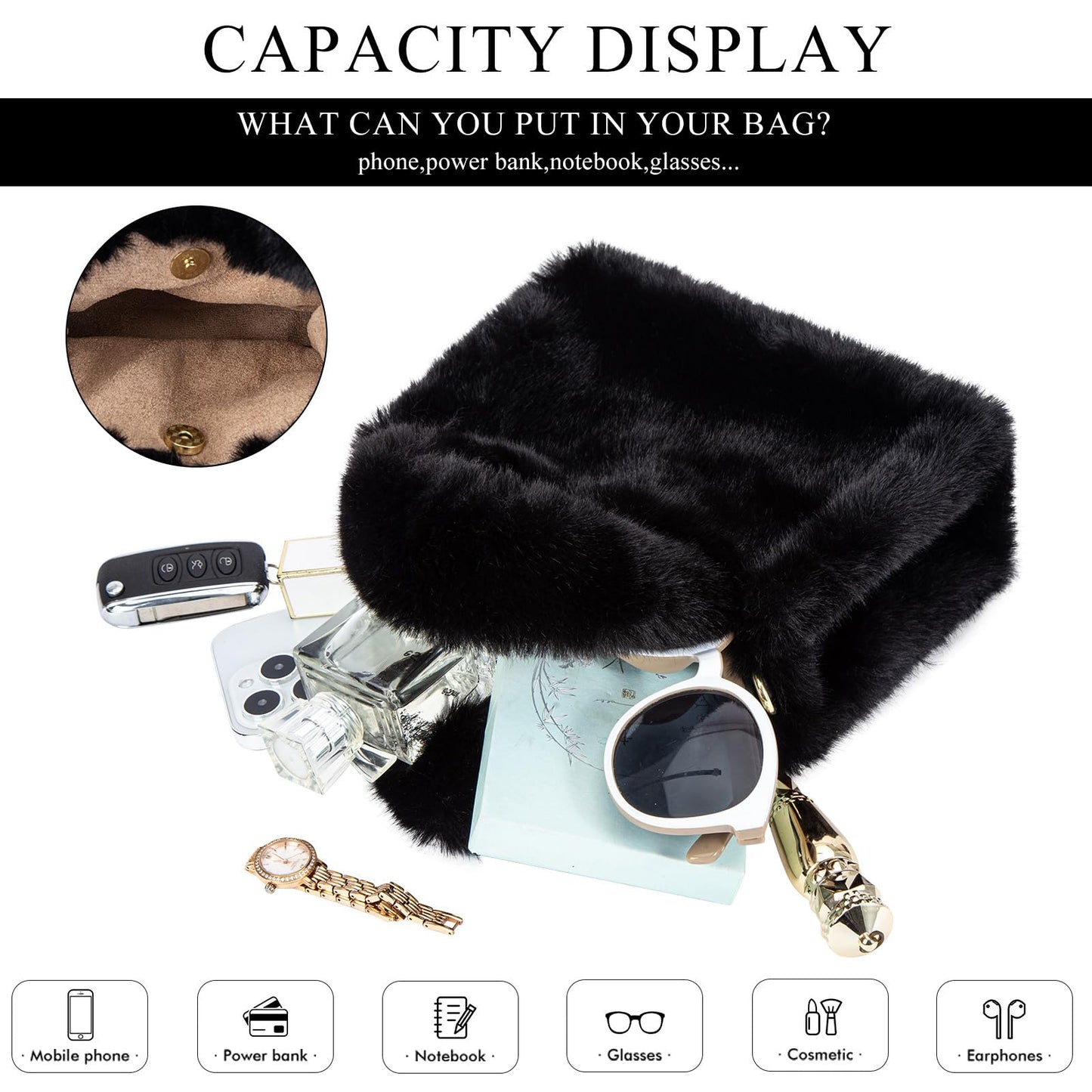 Extolove Fluffy Tote Bag Mini Faux Fur Purses for Women Winter Fuzzy Tote Soft Furry Crossbody Handbag Plush Bags (A Black)