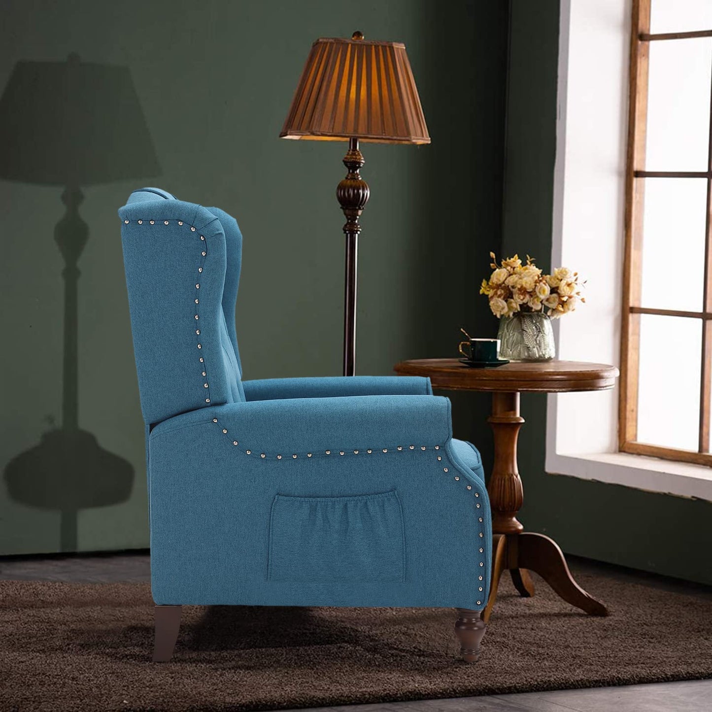 B BAIJIAWEI Wingback Recliner - Tufted Arm Chair With Massage and Heat - Fabric Push Back With Remote Control, Heating Function, Adjustable Backrest (Blue)