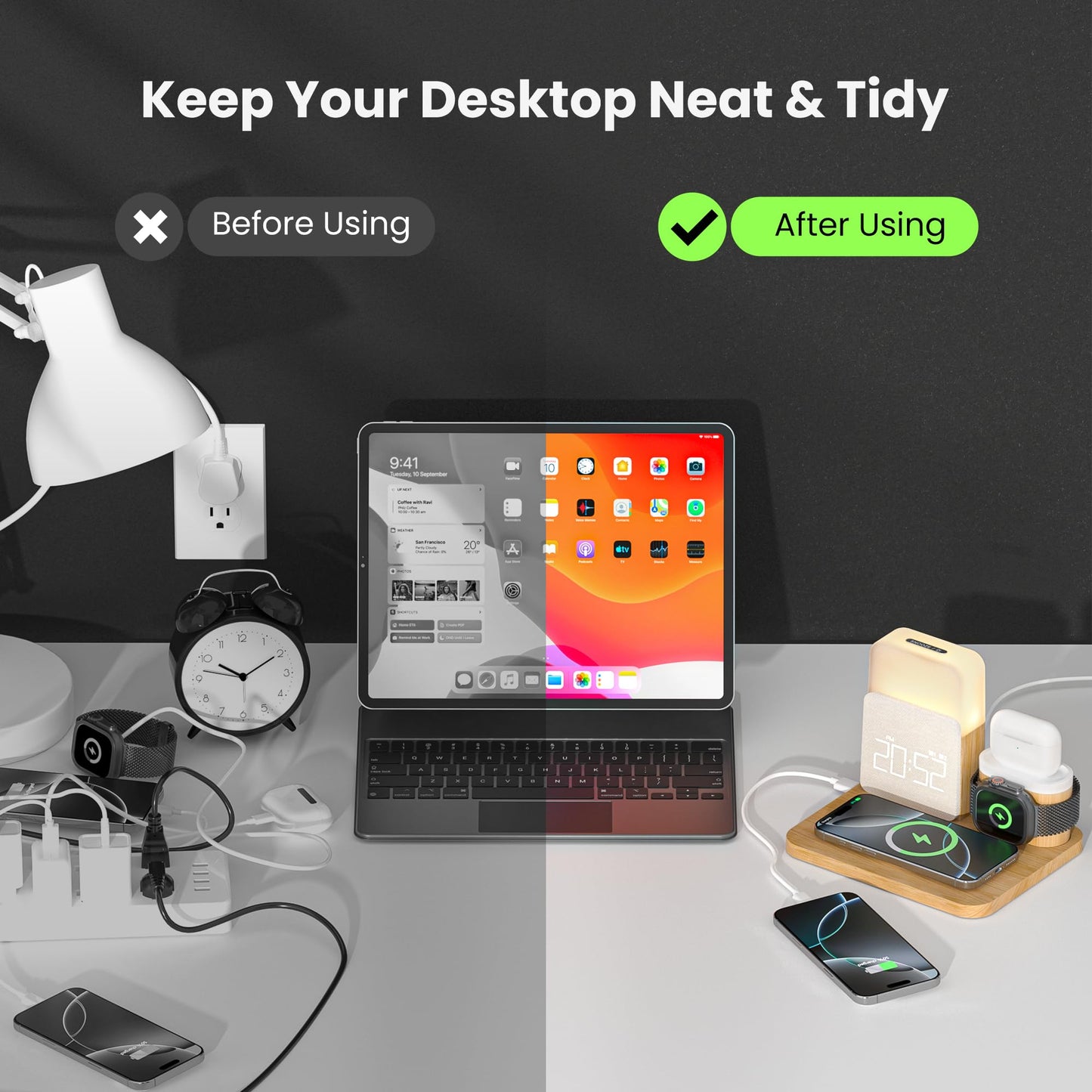 Alarm Clock Charging Station for Bedrooms, 7 in 1 Wireless Charging Station, Mag-Safe Charger with Night Light Bedside Clock for iPhone 16 15 14 13 12 Pro Max, Apple Watch, AirPods