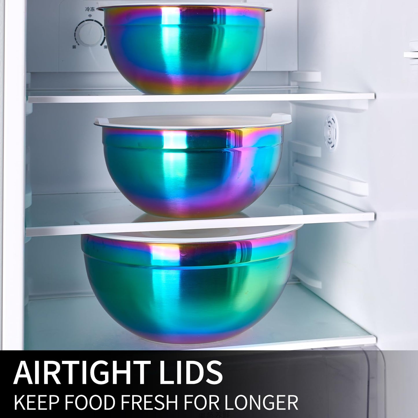 LKTDYMEG Rainbow Mixing Bowls with Lids Set of 7, Stainless Steel Nesting Bowl with Khaki Lid for Non-slip Mixing Prepping Storing Serving, 7 Sizes-7/3.6/2.7/2.1/1.5/1/0.8 QT