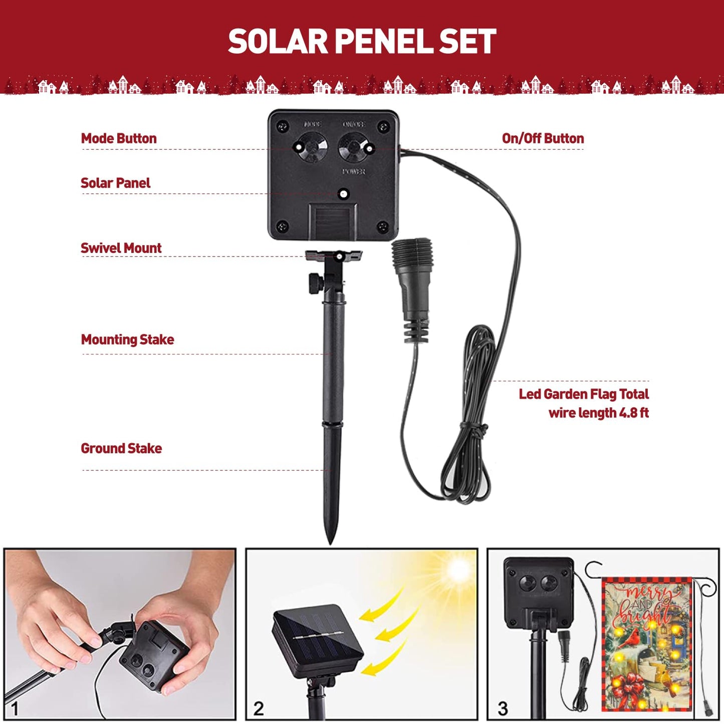 Vigor Home Merry and Bright Solar Led Lighted Garden Flag, Outdoor Lighted Decoration Xmas Greeting Mailbox Cardinal Cozy Home Yard Banner for Winter Holiday Outside Decor 12 x 18 Inch