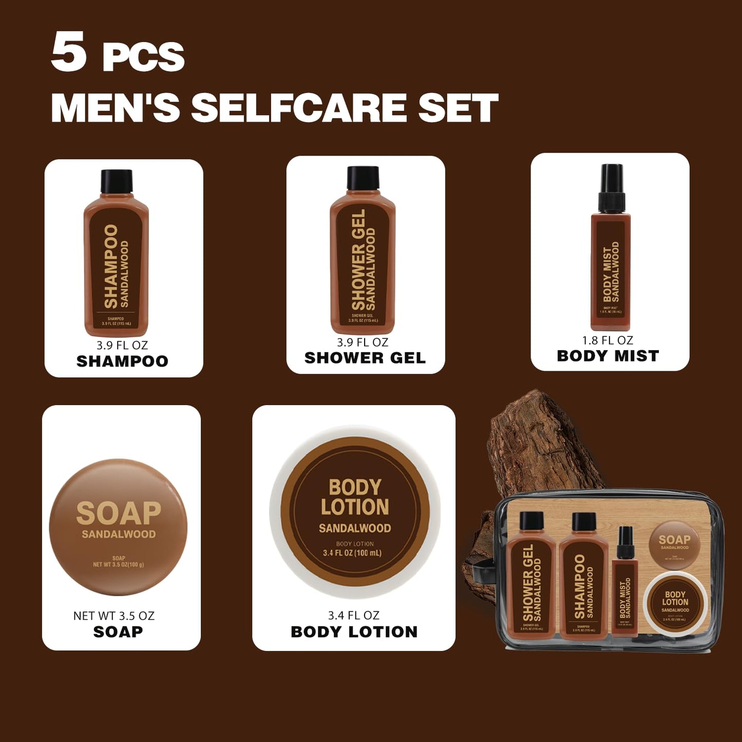 Gift Sets for Men Bath and Body Mens Gifts 6pcs Sandalwood Travel Size sets with Shampoo, Shower Gel, Soap, Body Lotion, Birthday Gifts for Men, Self Care Fathers Day Gifts
