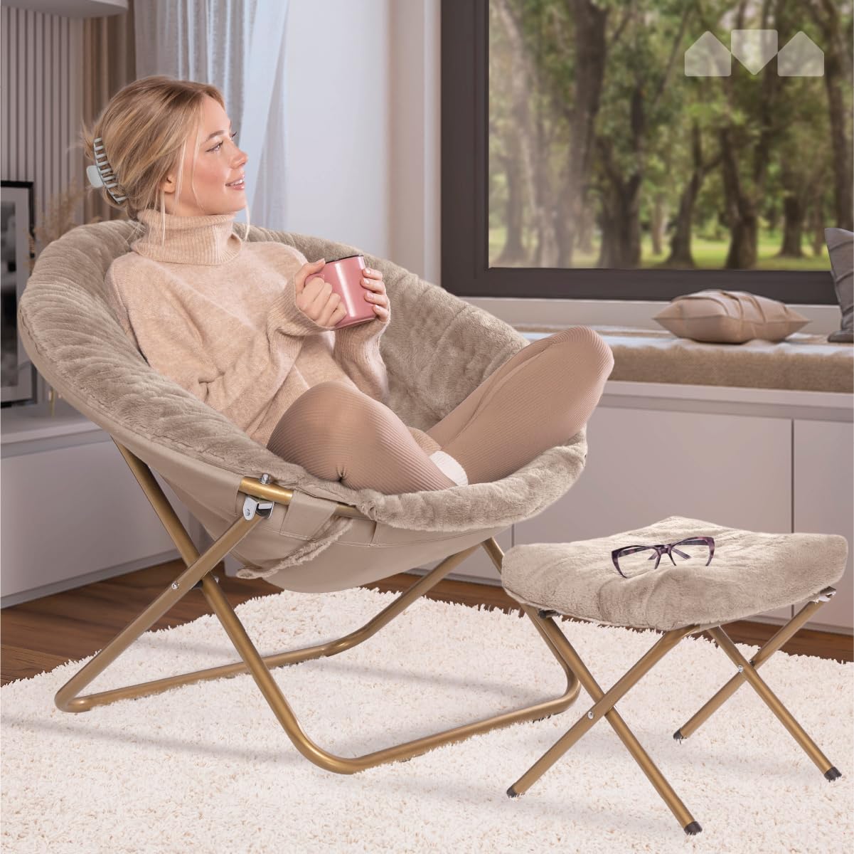 Milliard Cozy Chair with Footrest Ottoman/Faux Fur Saucer Chair for Bedroom/X-Large (Beige)