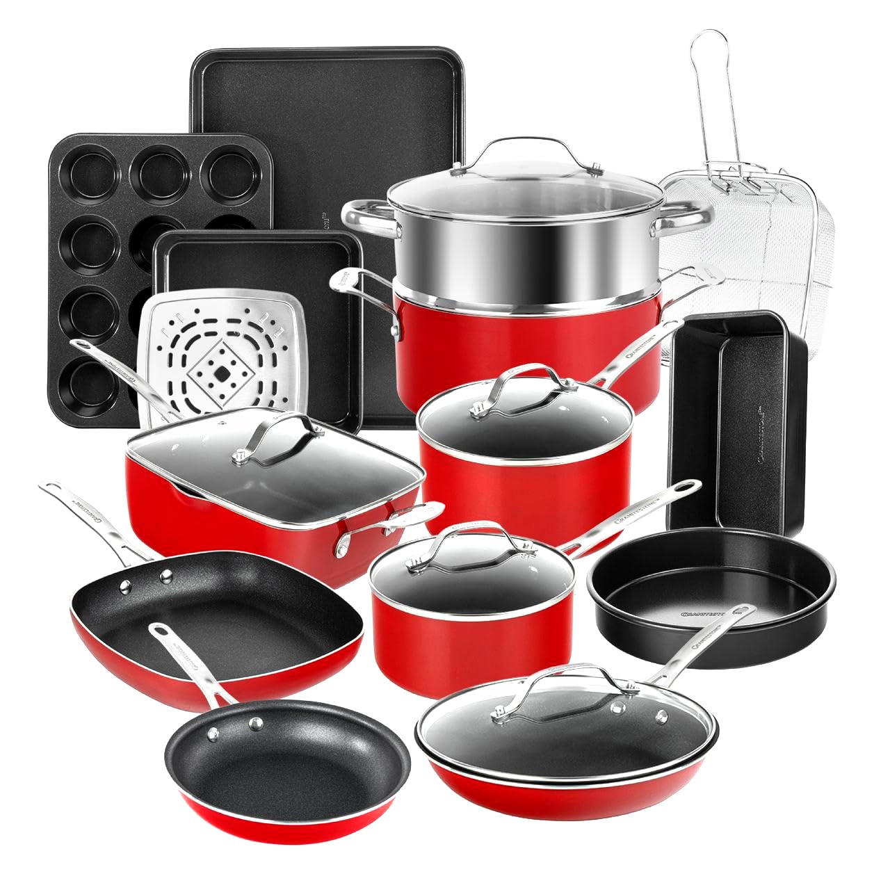 Granitestone Red Pots and Pans Set Nonstick, 20 Pc Kitchen Cookware Set & Bakeware Set with Mineral & Diamond Coating, Long Lasting Nonstick, Ultra Durable, Oven and Dishwasher Safe, 100% Toxin Free