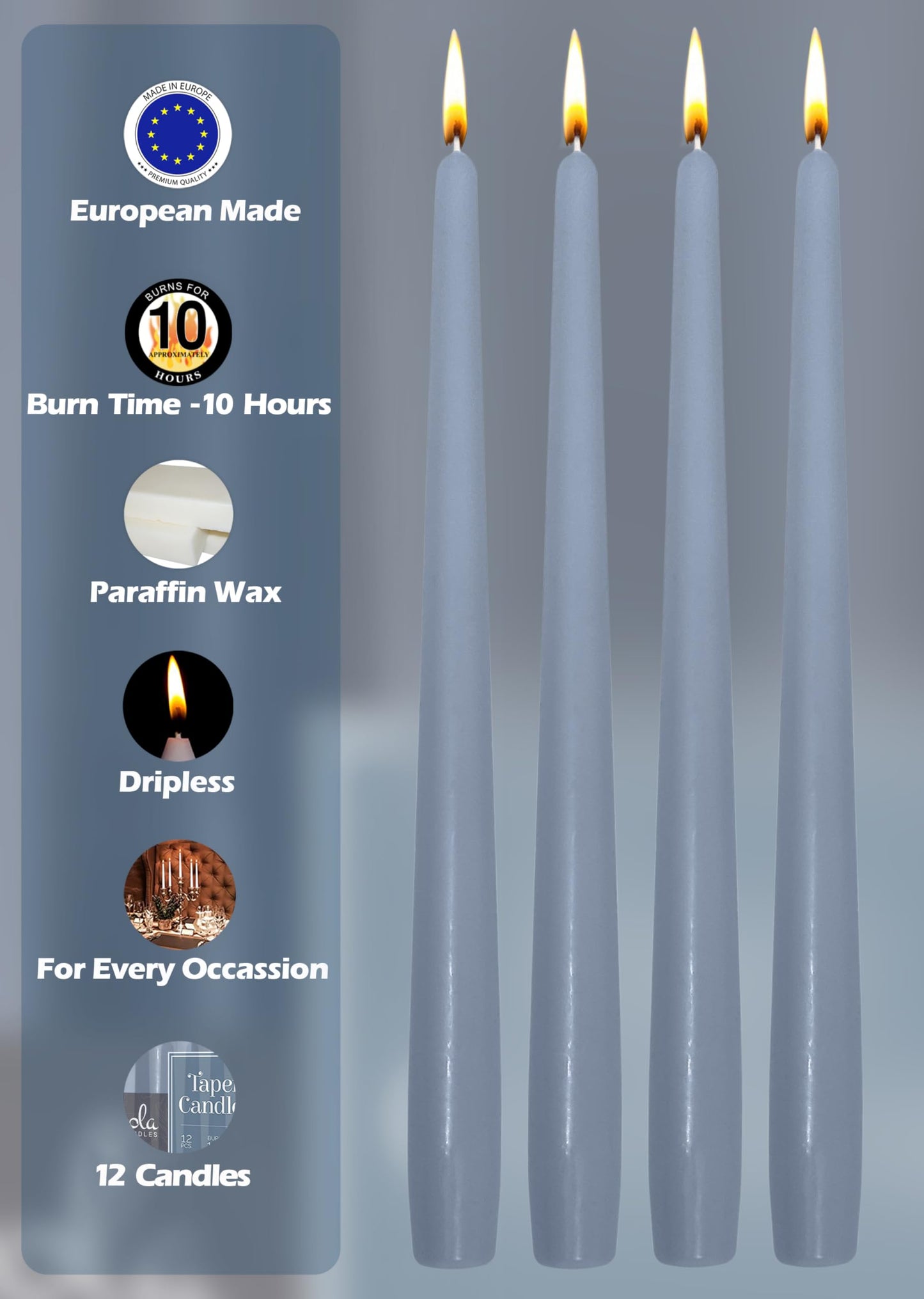 Hyoola Tall Taper Candles - 12 Inch Grey Blue Unscented Dripless Taper Candles - 10 Hour Burn Time - 12 Pack