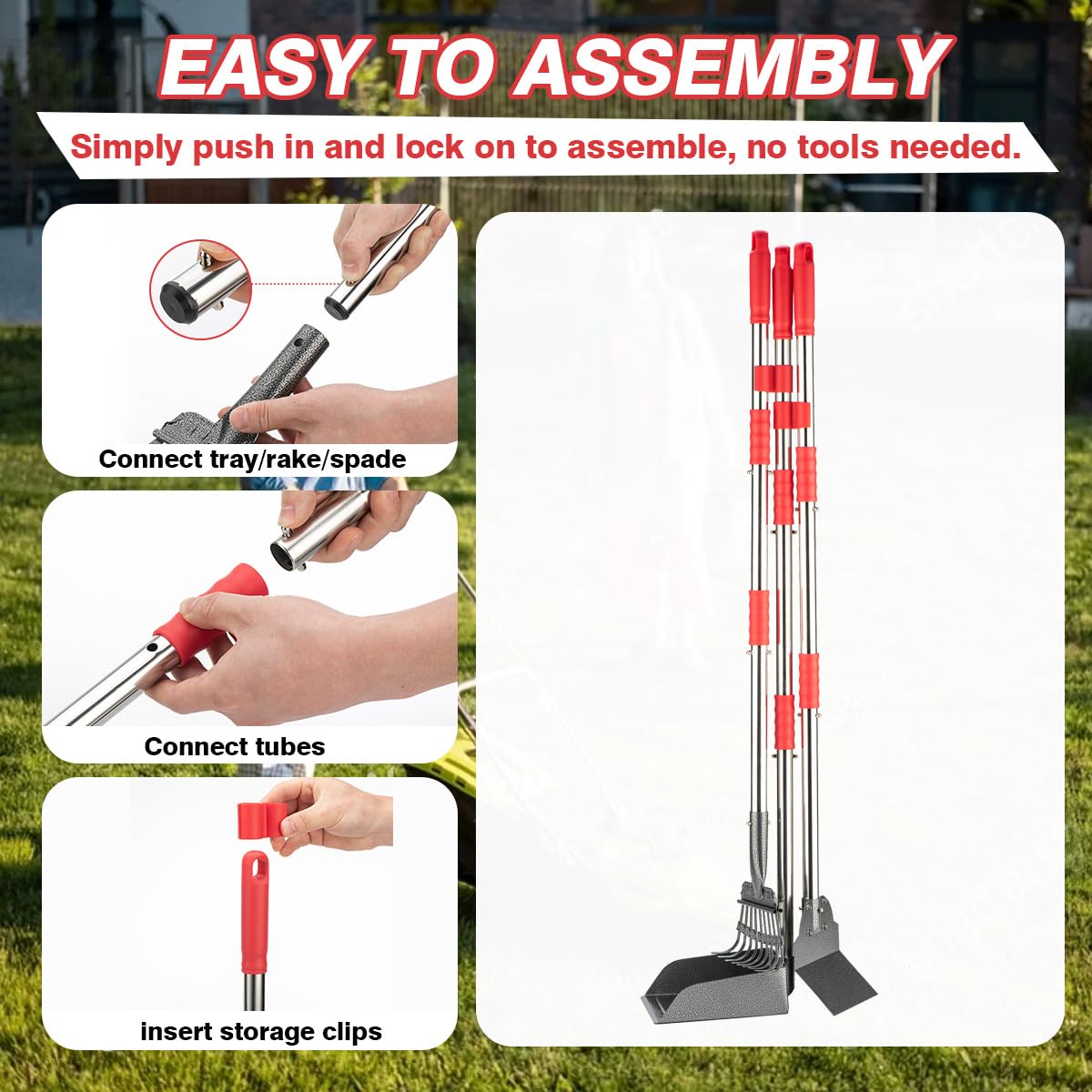 FUSBUNTY Pooper Scooper, Long Handle Dog Pooper Scooper, Heavy Duty Stainless Steel Rake with Tray & Spade Set for Pet Waste Removal, for Grass, Dirt or Gravel