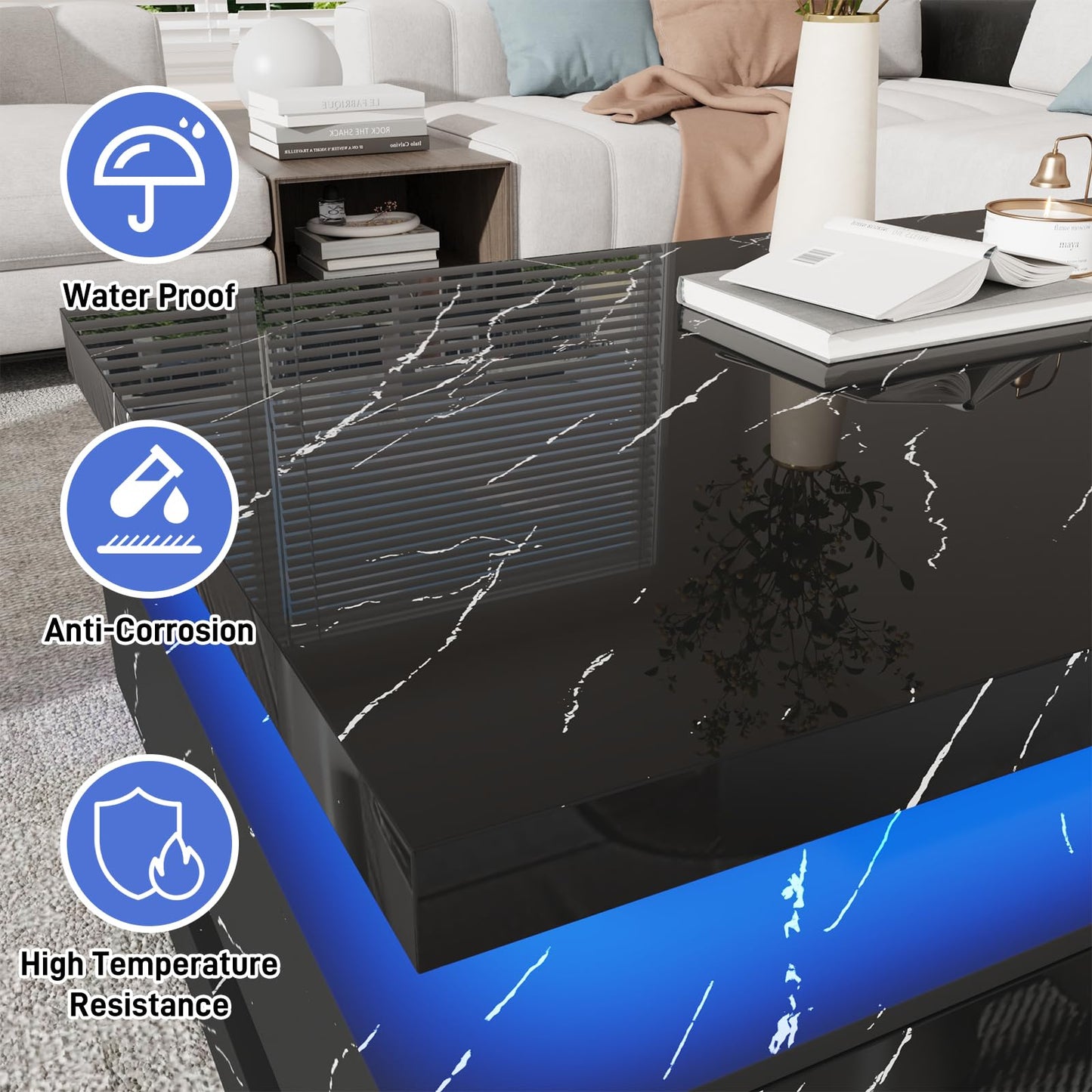 47.2 inch Modern High Glossy LED Coffee Table with 2 Sliding Drawers, Double-Layer Center Tables with LED Lights for Livings Room Furniture, Black