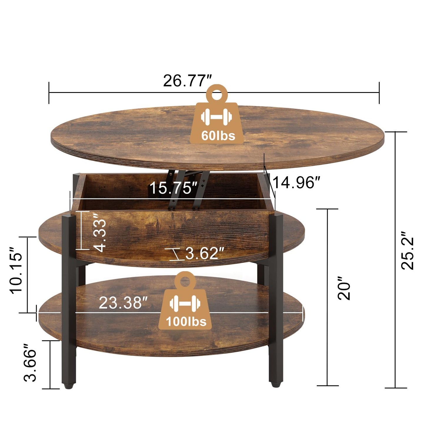 FABATO Round Lift Top Coffee Table with Storage and Hidden Compartment, 26.77'' Farmhouse Coffee Table for Living Room Reception Room, 2 Tier Small Round Coffee Table Circle Dining Table, Rustic Brown