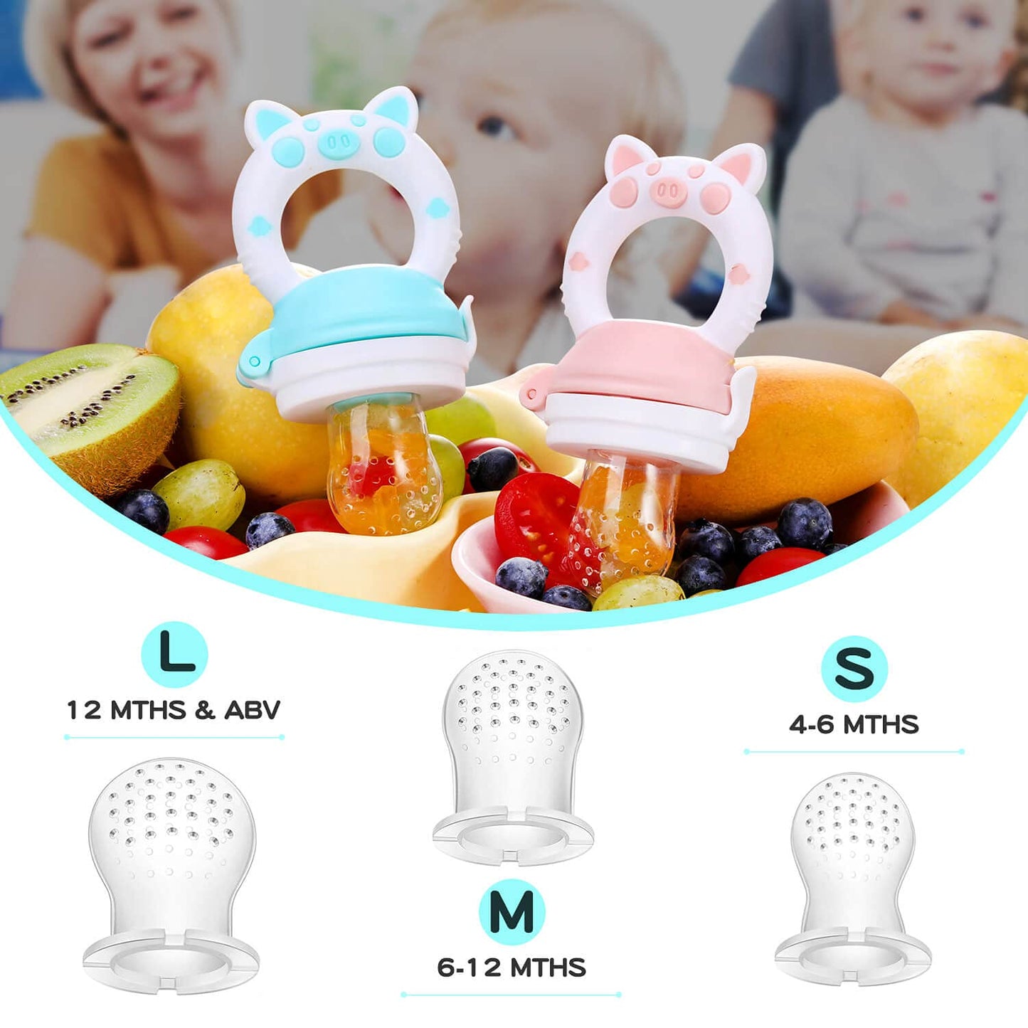 Baby Fruit Food Feeder Pacifier - Fresh Teething Pacifiers, Infant Fruit Teething Teether Toy for 3-24 Months, 6 Pcs Silicone Pouches for Toddlers & Kids & Babies, Piggy Handle 2-Pack (Green & Gray)
