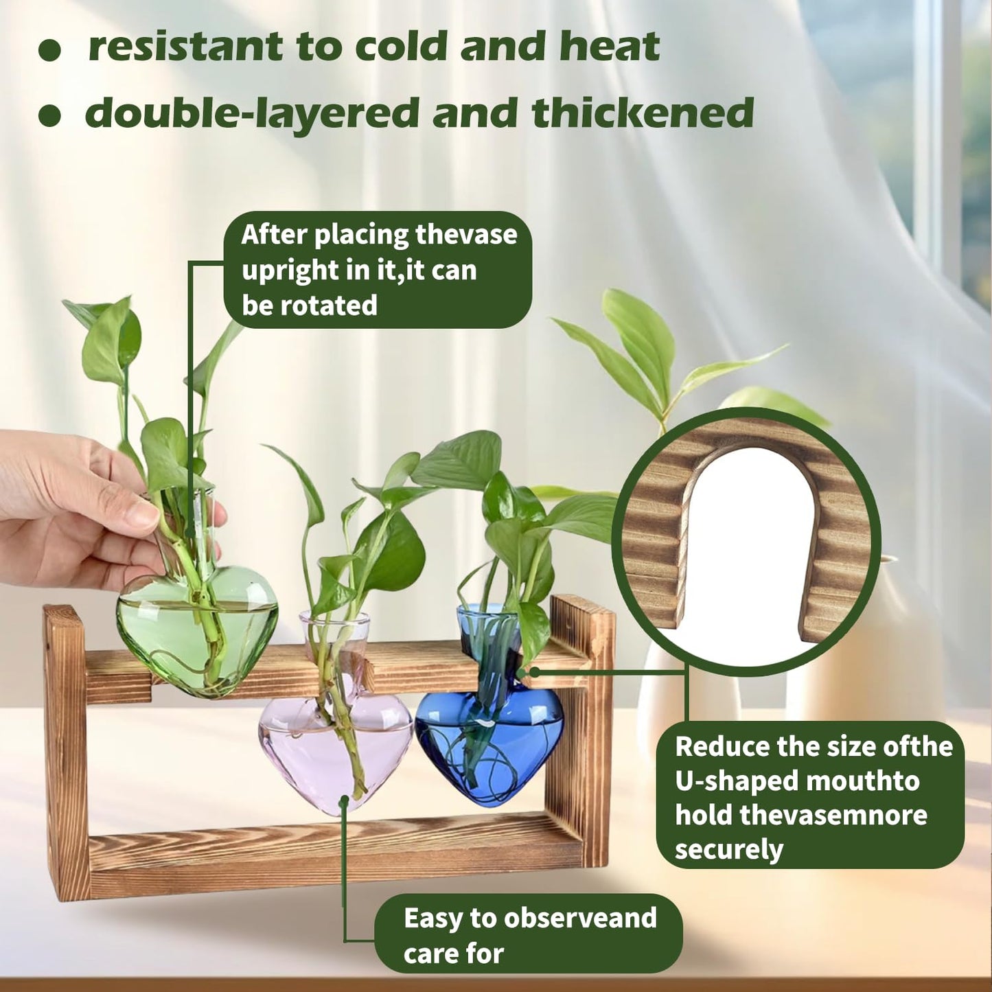 TumanLiving Heart-Shaped Glass Propagation Vases for Plants – 3-Piece Hydroponic Plant Vase with Wooden Stand, Decorative Indoor Plant Decor for Home Office, Ideal Gift for Plant Lovers