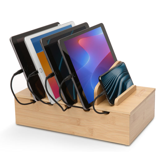 Prosumer's Choice Wooden Charging Station Organizer - 5-Port Base for Phones, Tablets and Laptops - Multi-Device Docking Station with Removable Divider Slots - Cord Box with Cable Management - Bamboo