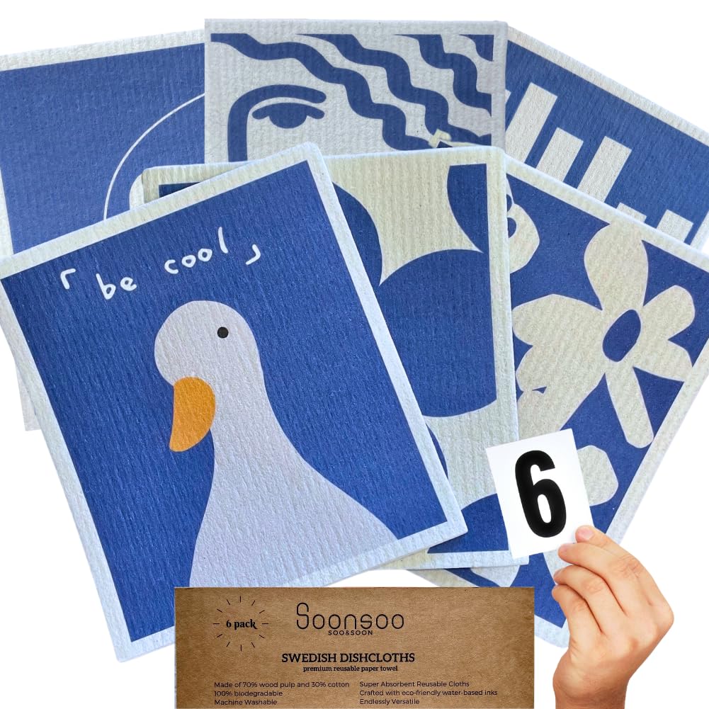 SOONSOO Swedish Dishcloths 6Pack Absorbent Eco-Friendly Reusable Cleaning Cloths for Kitchen - Multi-Purpose Machine Washable, Compostable, Quick Drying Zero Waste Cellulose Kitchen Cloths (Green)