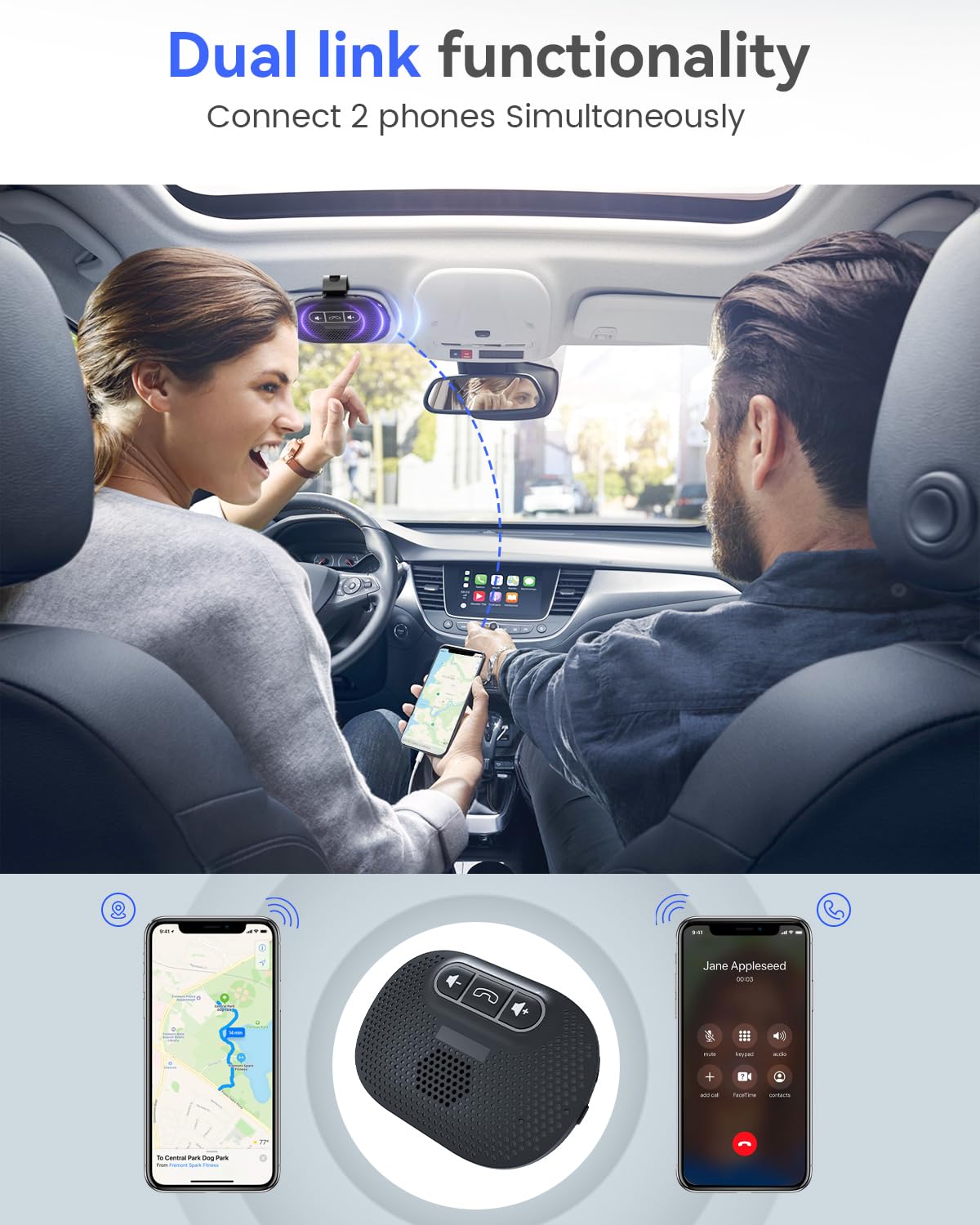 ANSTEN Hands-Free Car Bluetooth Speaker, Bluetooth Car Kit for Cell Phone, Built-in Microphone, Car Phone Speakerphone, Support Android and iOS Siri Google Voice Assistant, GPS, Music, Calls