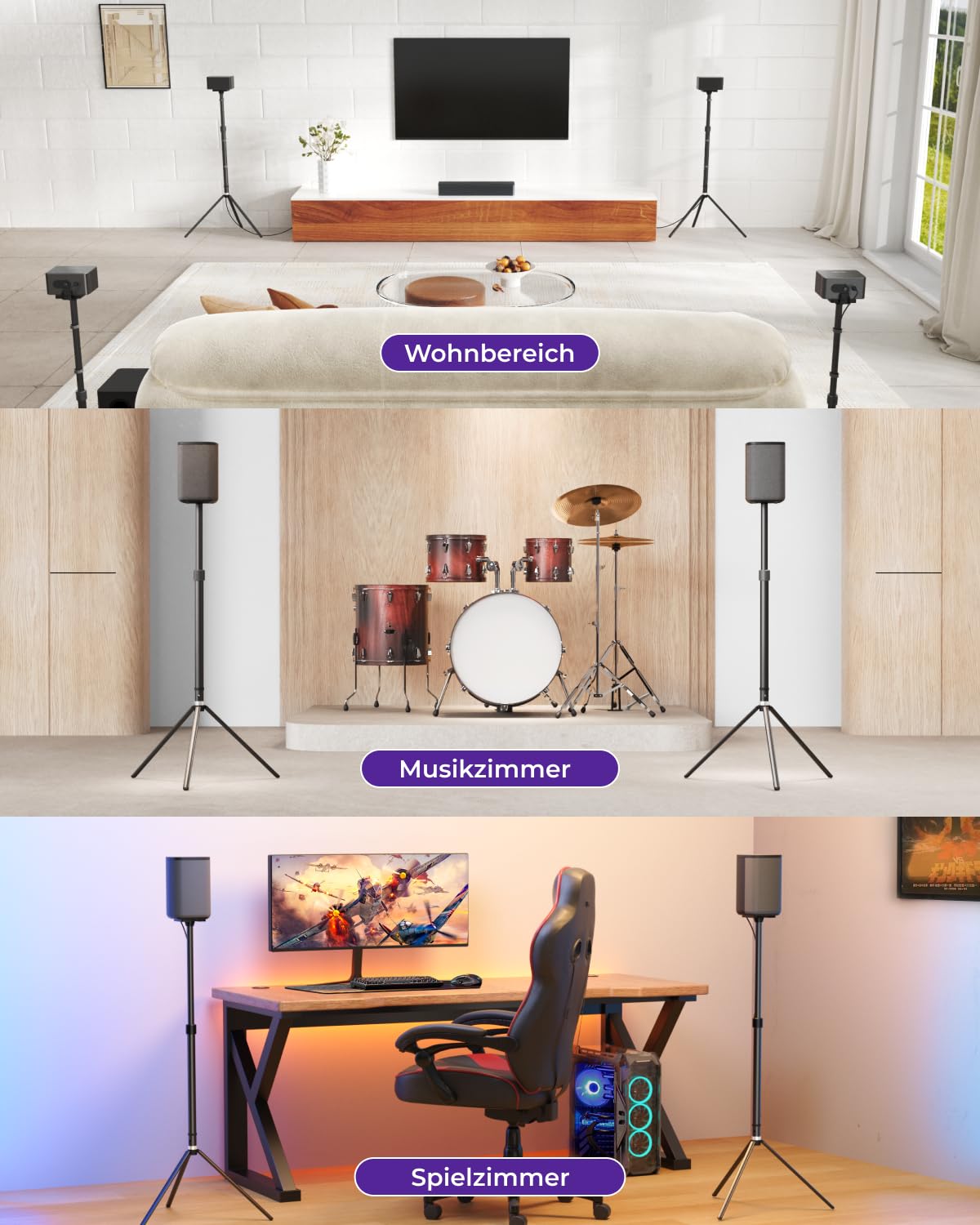 ULTIMEA Speaker Stands Pair, Height Adjustable Speaker Stand, Extends 24.4" to 36.6", Holds 6.6 lbs, Compatible with Most Brands & ULTIMEA Poseidon, Aura Series Surround Sound Speaker, Steady 310