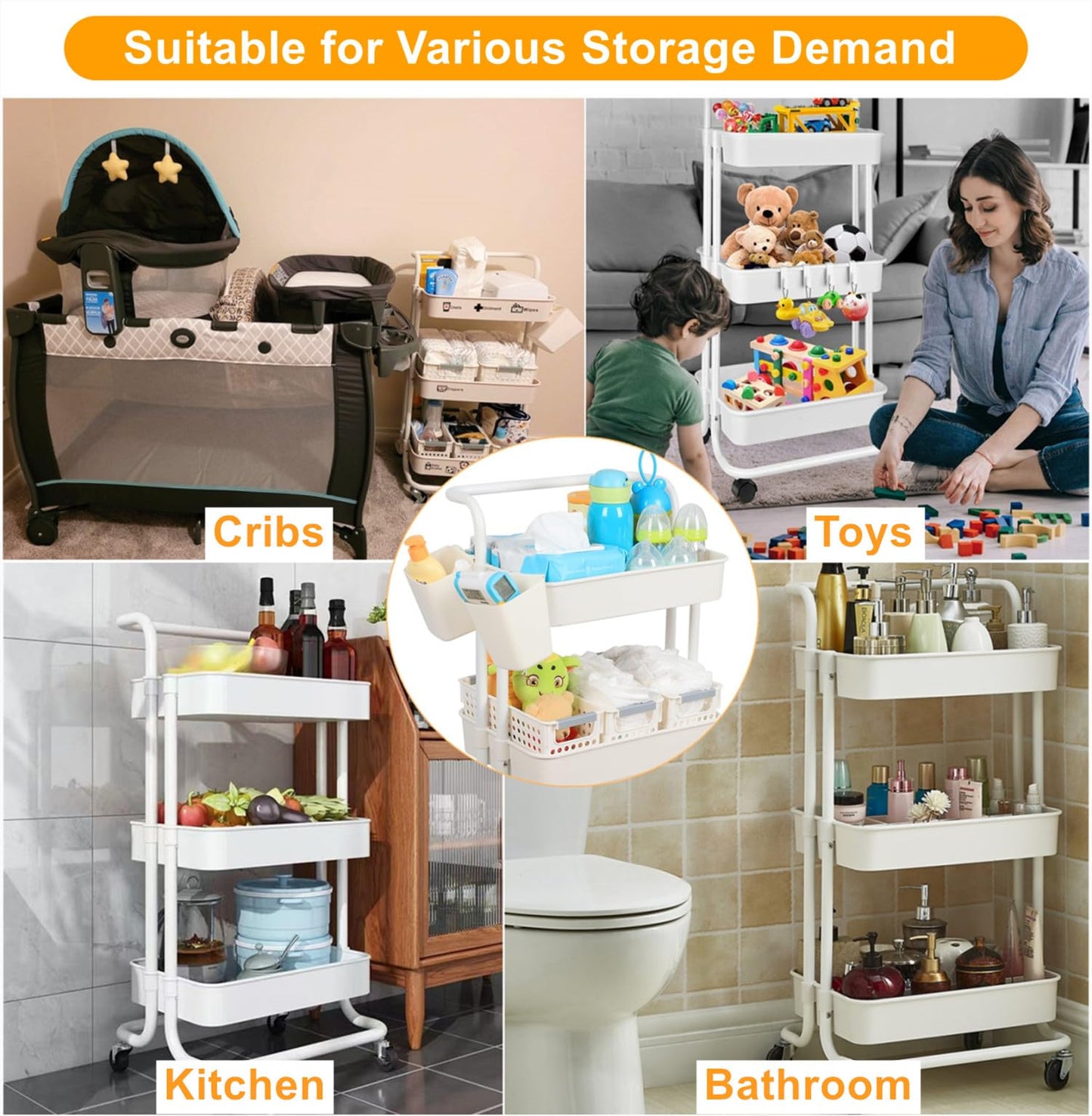 Baby Diaper Caddy Organizer Cart, 3-Tier Sturdy Movable Rolling Cart with Baskets and Hanging Cups, Large Capacity Newborn Nursery Essentials Diaper Storage for Changing Table & Crib, Easy to Assemble