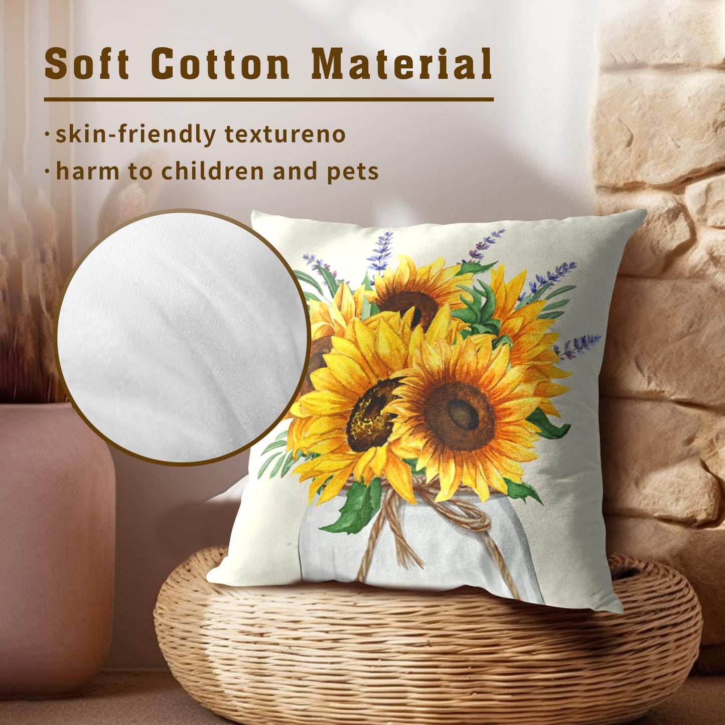 Mweet Sunflower Throw Pillows Covers 18 x 18 Inch - 2PCS Nature Summer Flower Vase Floral Decorative Square Pillowcases for Couch Sofa Bench Living Room Bedroom Decoration