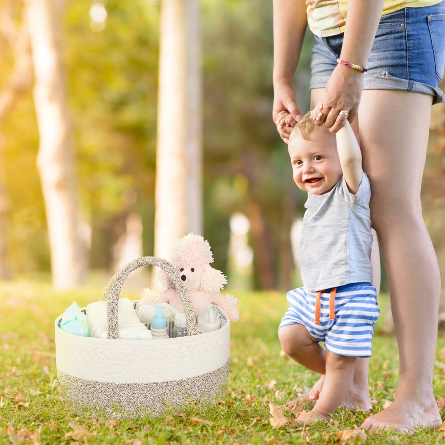 Maliton Baby Diaper Caddy Organizer, X-Large Cotton Rope, Rustic Style, Portable, 3 Compartments, A-Brown