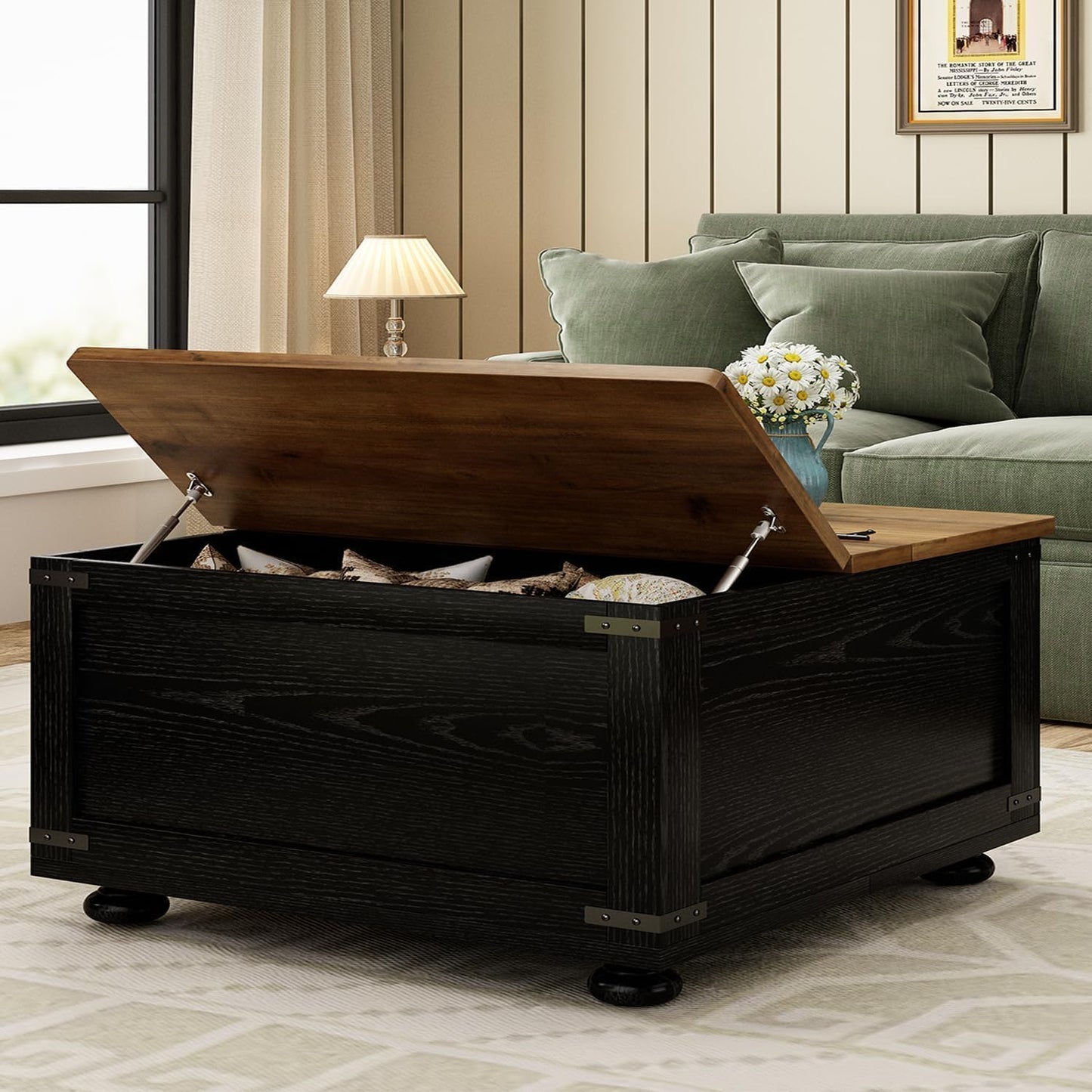 MaverickFurni Farmhouse Coffee Table with Storage, Black Lift Coffee Tables for Living Room, Square Coffee Table with Wood Gourd Feet and Hydraulic Gas Rod, Black